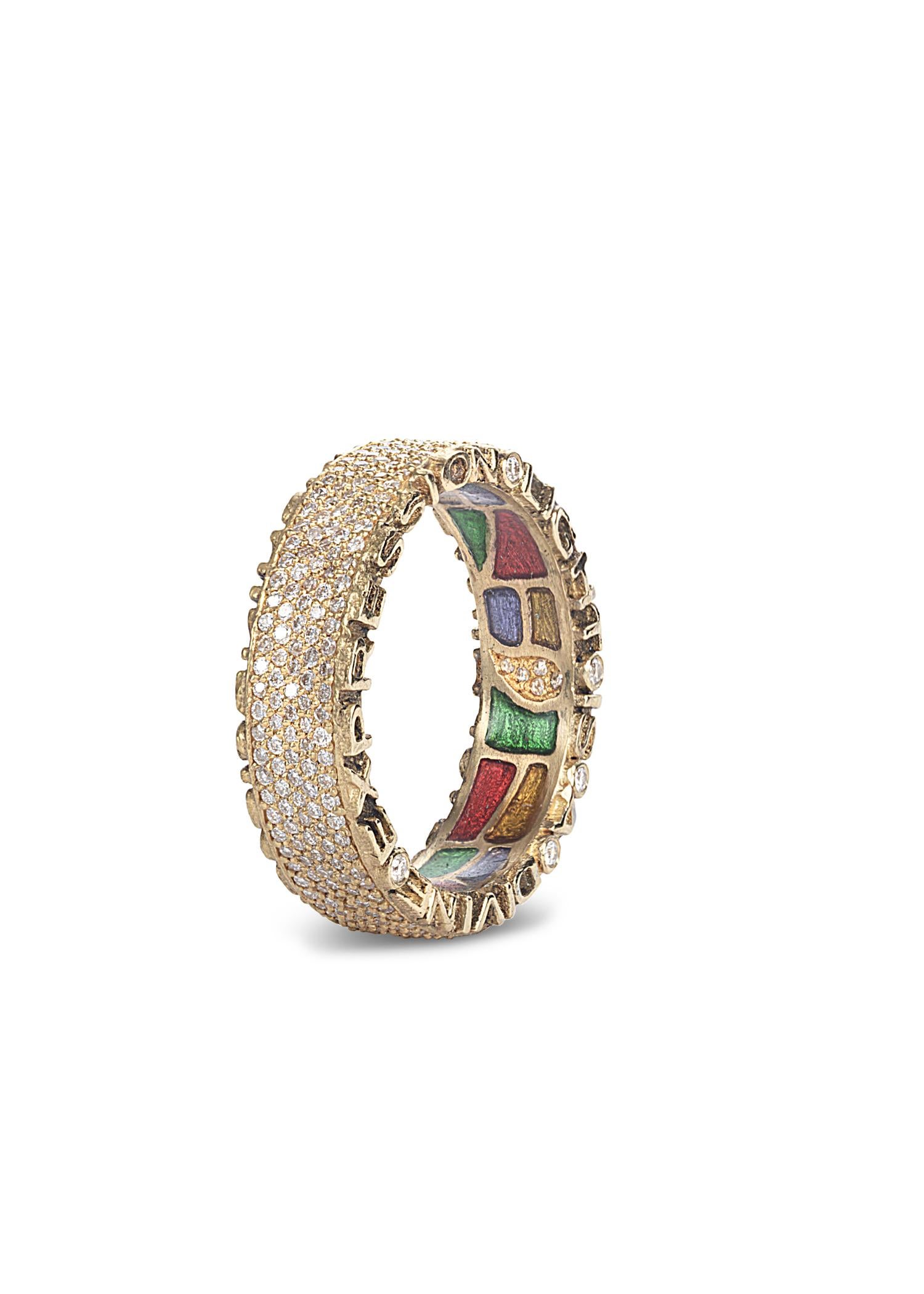 Hand made Coomi Sagrada collection band ring set in 20K yellow gold with 1.12cts pavé diamonds and stained glass-like multicolor enamel gallery. 

Famous Antonio Gaudi quotes 