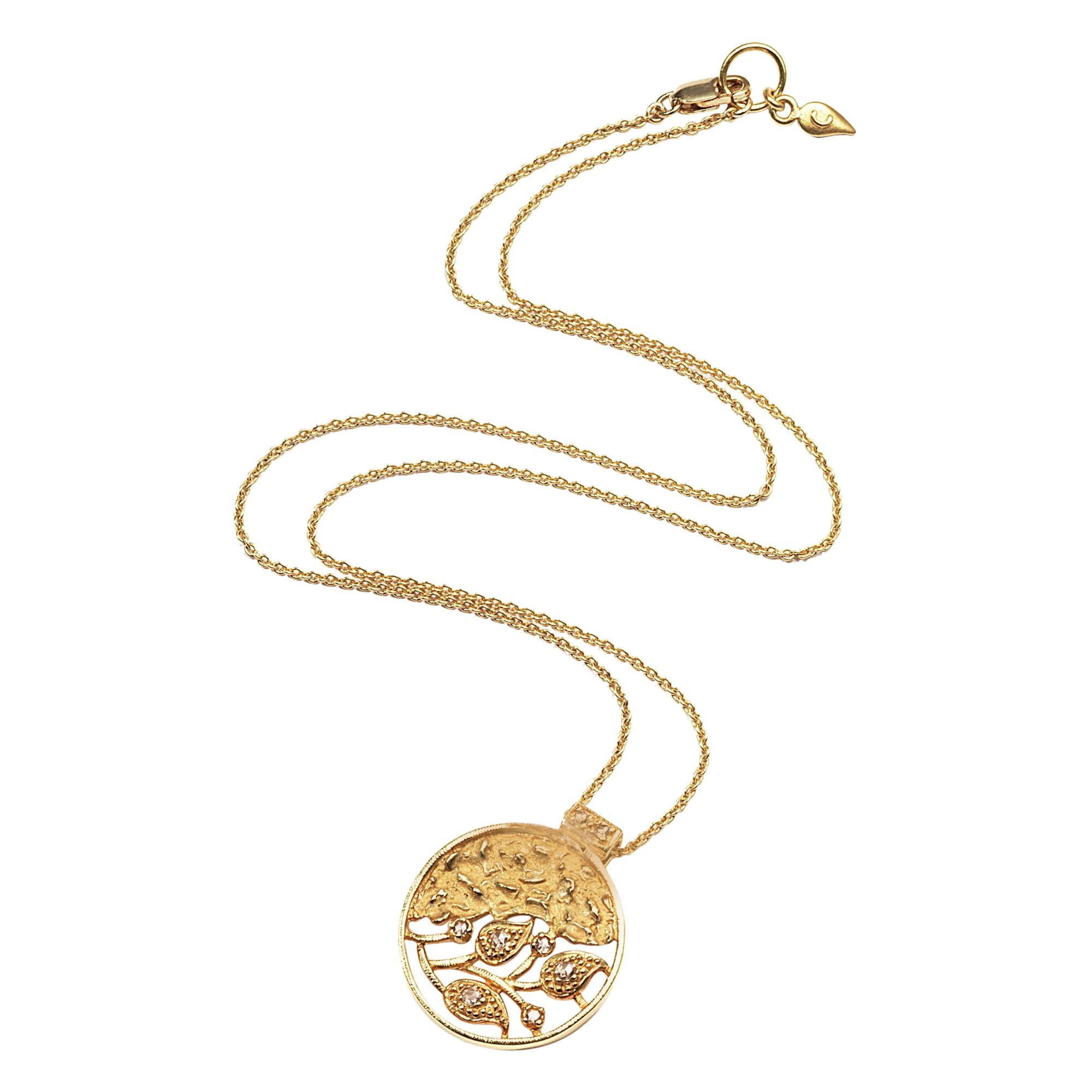 Coomi 20K Vine Coin Pendant with Rose Cut Diamonds on Chain For Sale