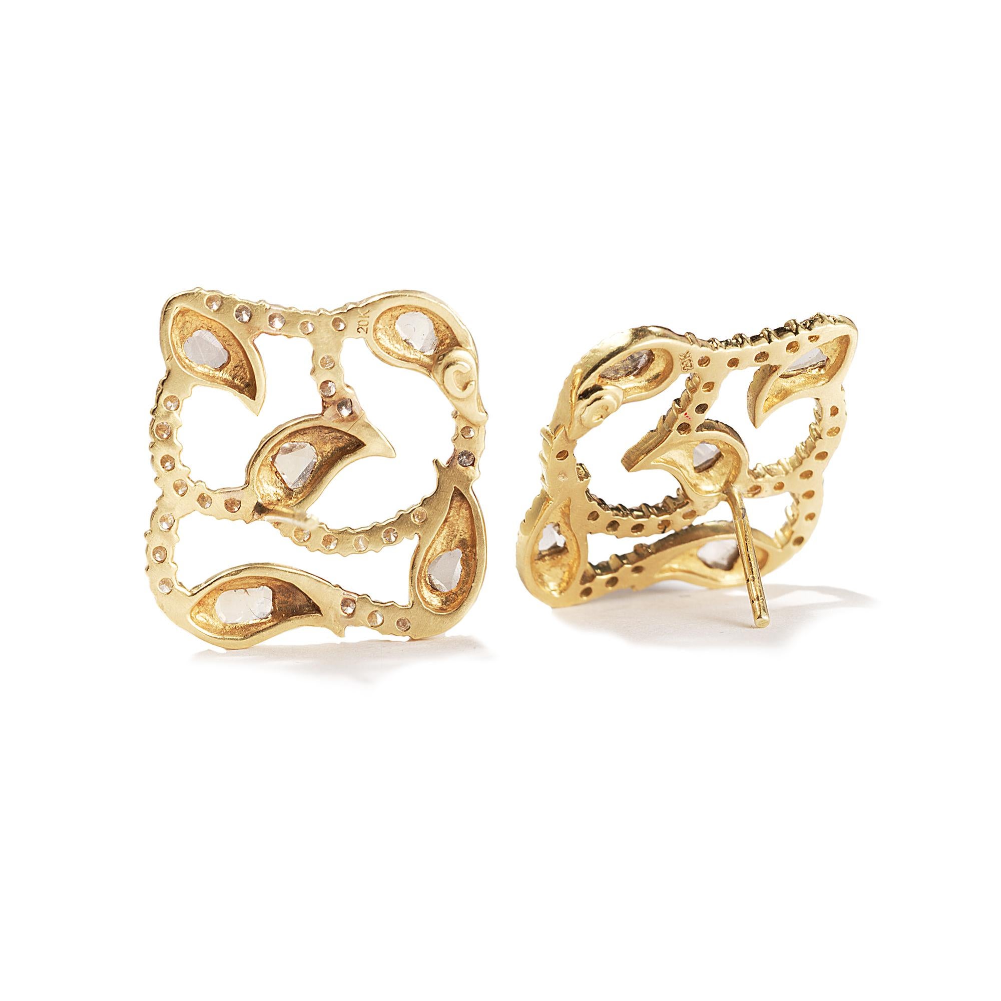 Hand made Coomi Vitality collection vine design stud earrings set in 20K yellow gold with 0.43cts rose cut diamonds and 0.67cts brilliant diamonds. Total diamond carat weight 1.10cts. 