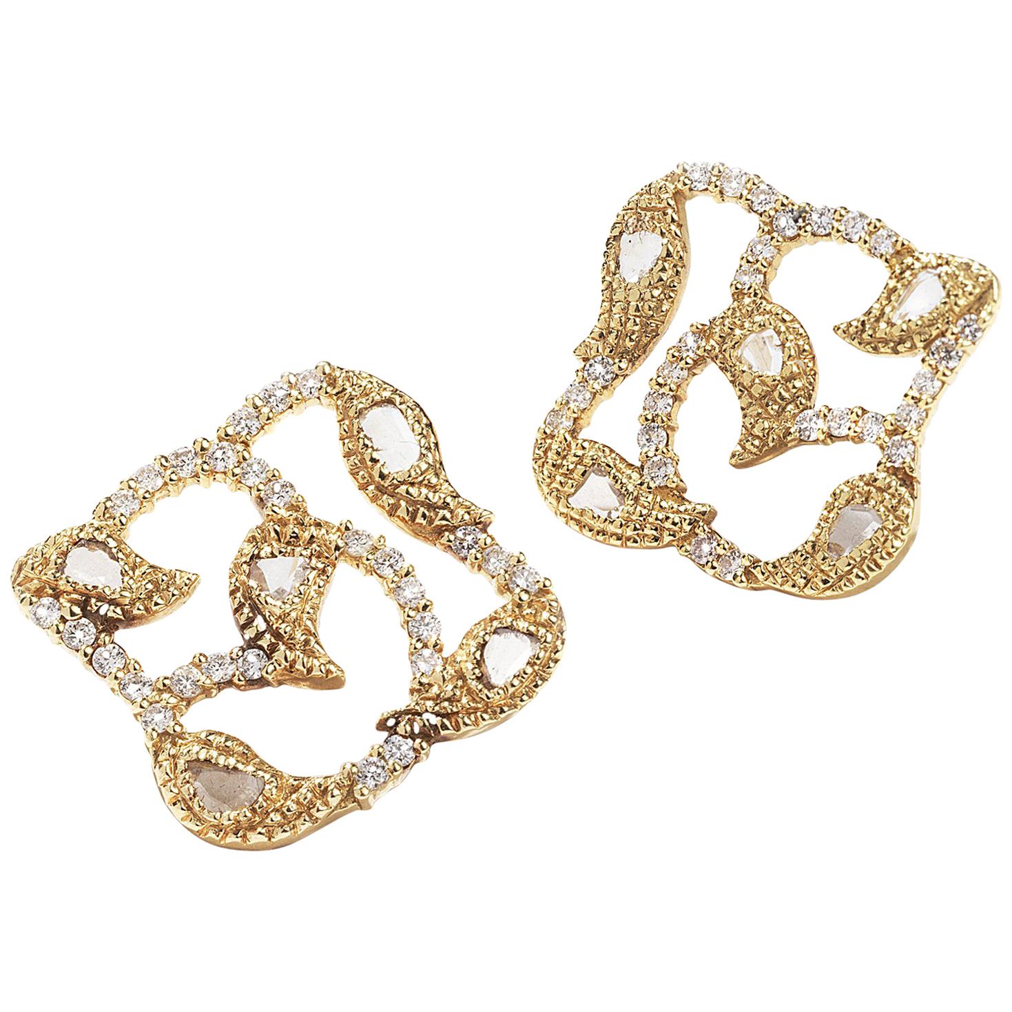 Coomi 20K Vine Post Earrings with Brilliant and Rose Cut Diamonds For Sale