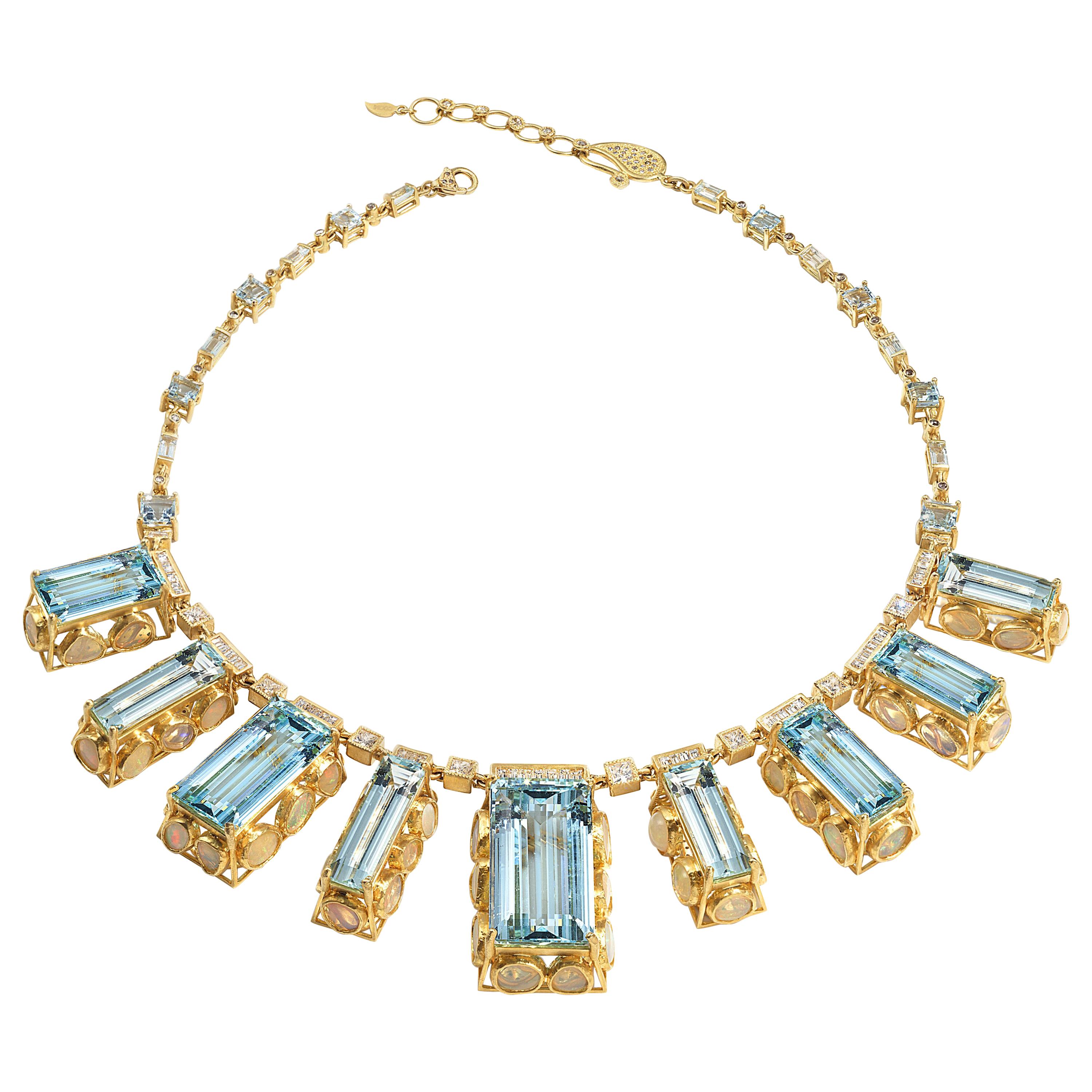 20 Karat Aquamarine and Opal Statement Necklace 