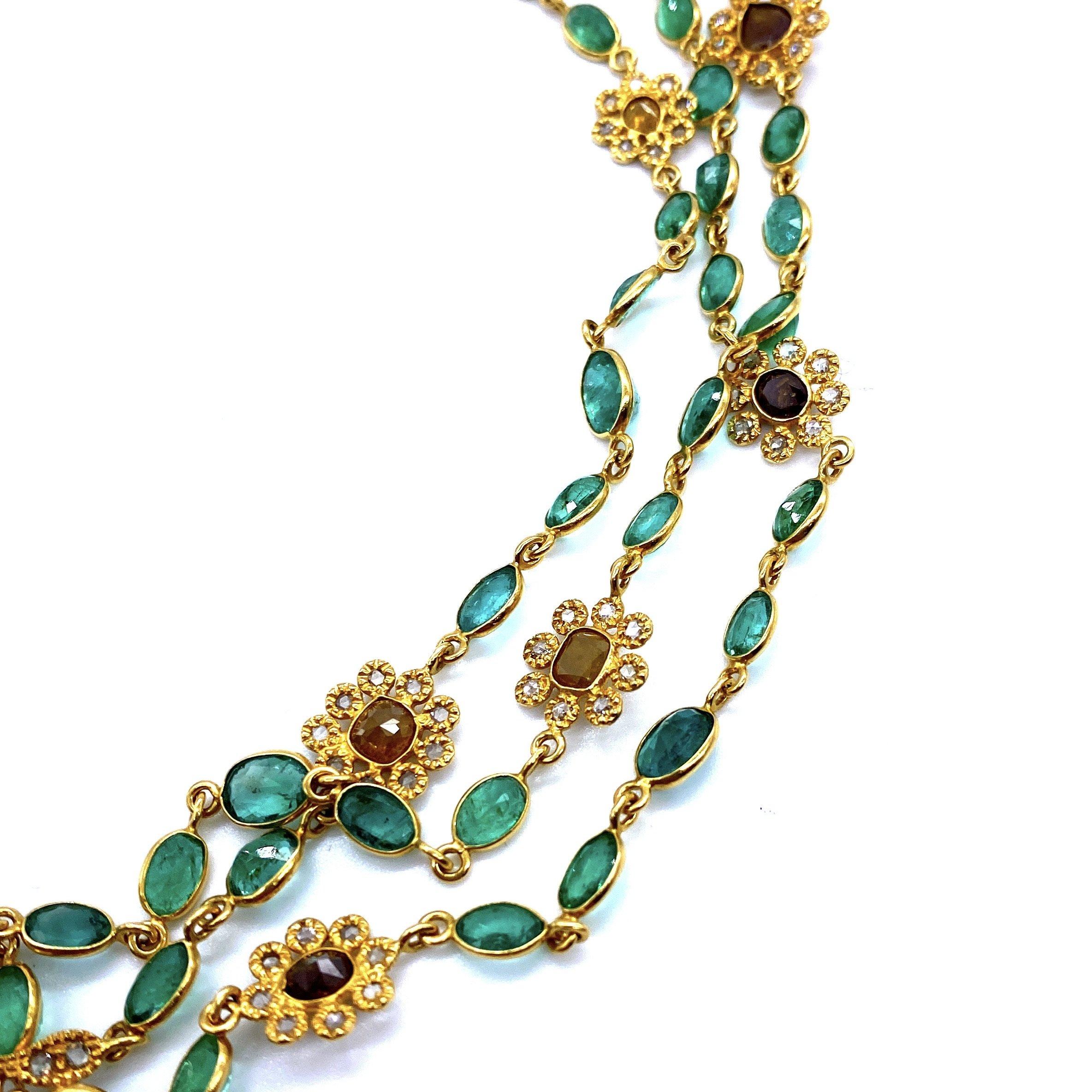 Mixed Cut Coomi Affinity Emerald Flower Necklace in 20 Karat Gold