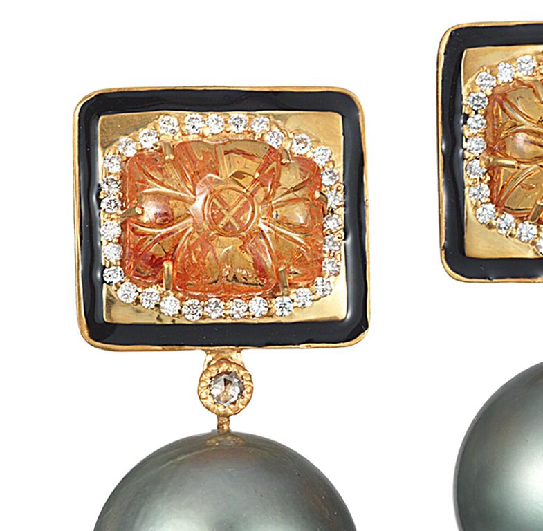 Artisan Coomi Carved Mandarin Garnet Gray South Sea Pearl Diamond 20Kt Gold Earrings For Sale