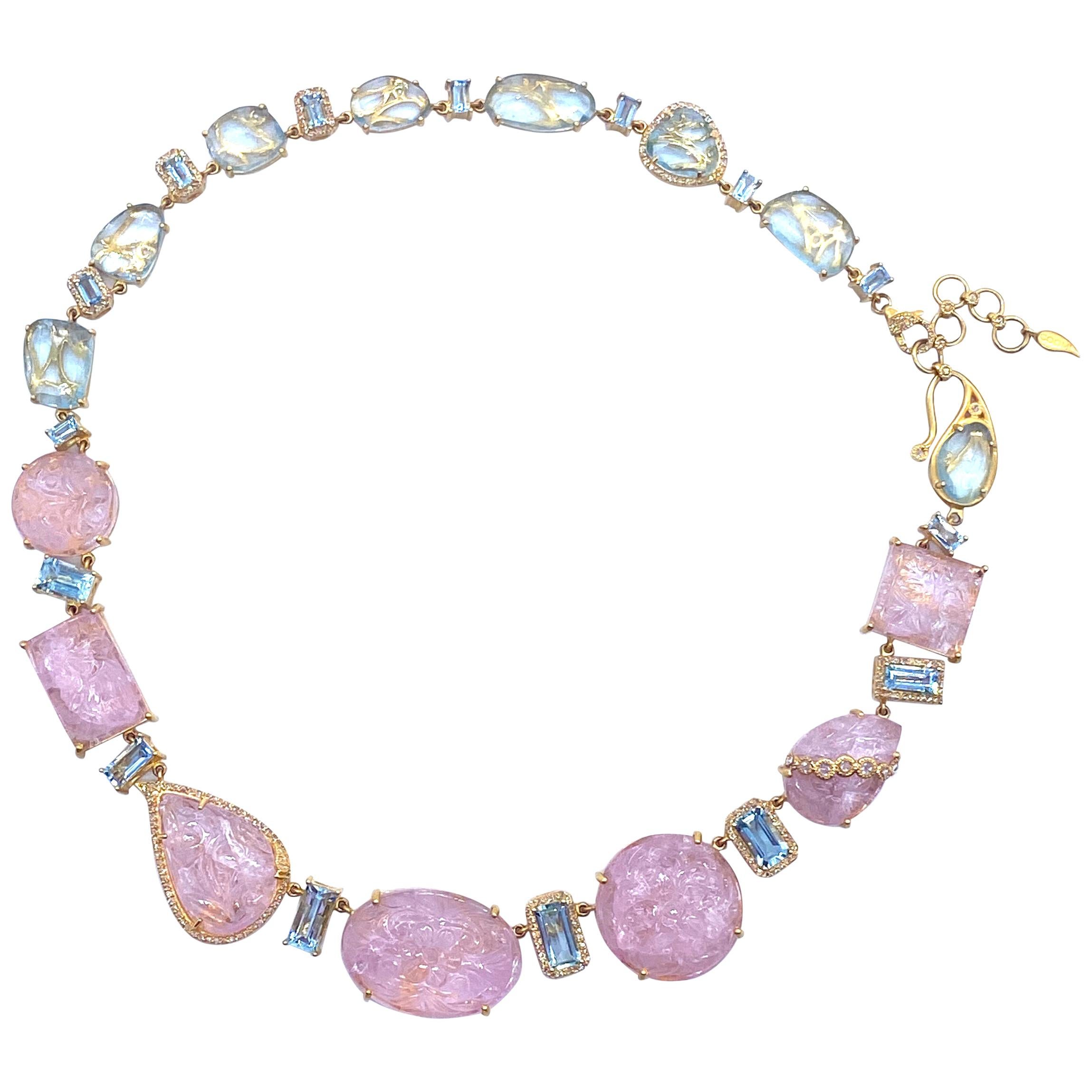 COOMI Carved Morganite, Aquamarine and Diamond Necklace in 20 Karat Yellow Gold