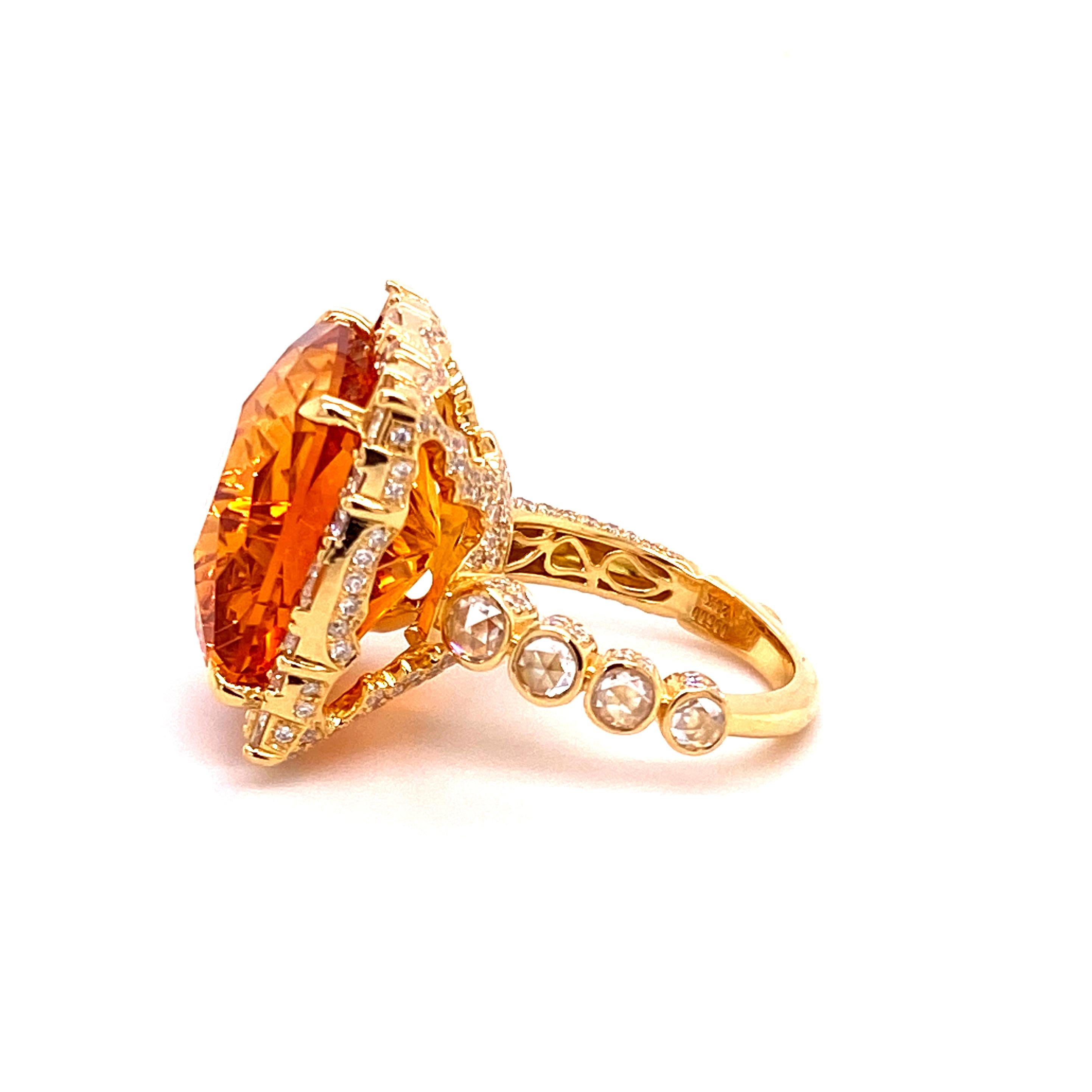 COOMI Madeira Citrine and Diamond Cocktail Ring set in 20k Yellow Gold. 29.15ct Madeira Citrine uniquely faceted with a starburst design. 3.79cts of diamonds surrounding, and underneath the citrine. This ring comes standard in a size 7 but can be