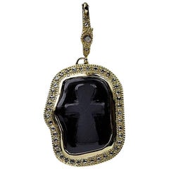 Coomi Yellow Gold Onyx Cross and 0.70 Carat Diamond Halo Pendant Enhancer