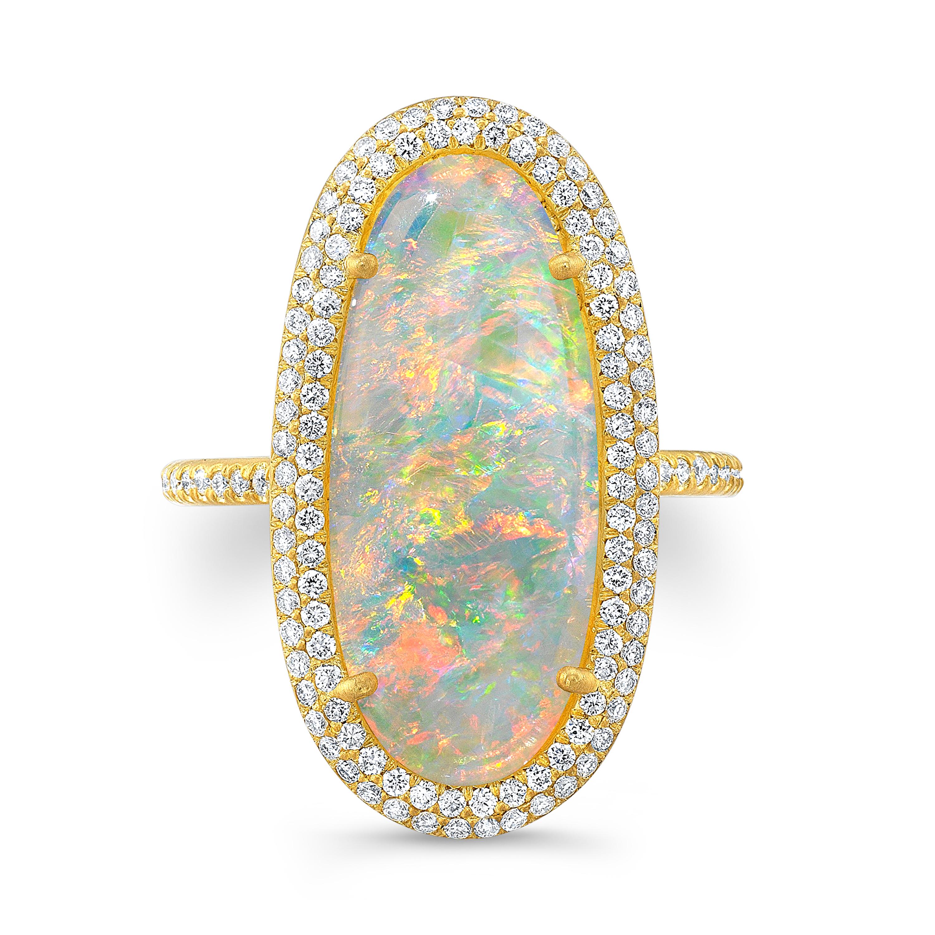 2.55ct Coober Pedy Australian Crystal Opal with .58ct vs quality Diamond Pave Double Halo and Band in 18k Matte Finish Yellow Gold Diamond Pave goes 2/3 around the band. Flower Motif on back of setting with Mile Diamond Accent Size 6 1/2. Handmade