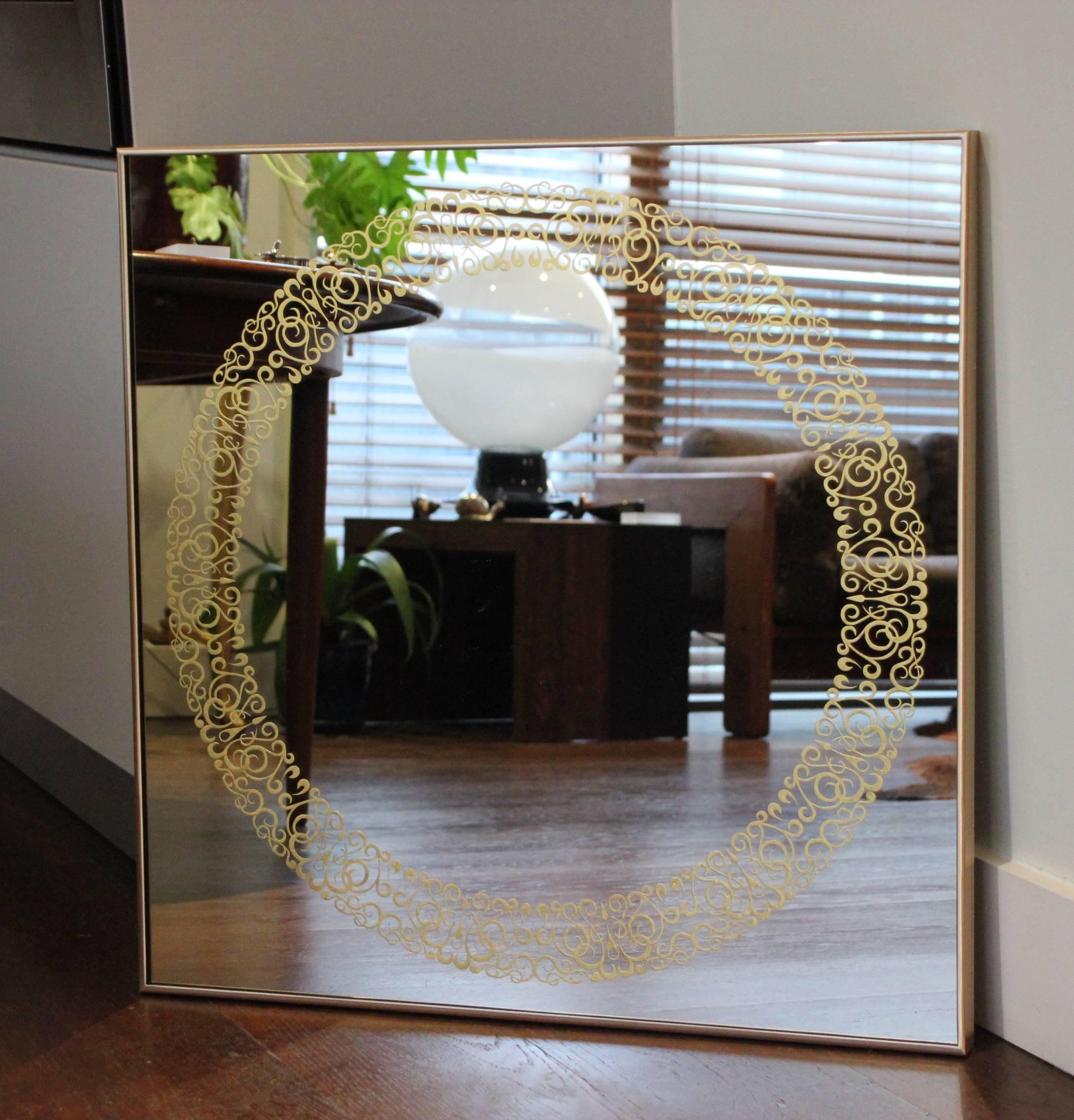 Modern Unique Cooper Mirror - 24-Carats Gold Hand-Guilded Etched Pattern & Brass Frame For Sale