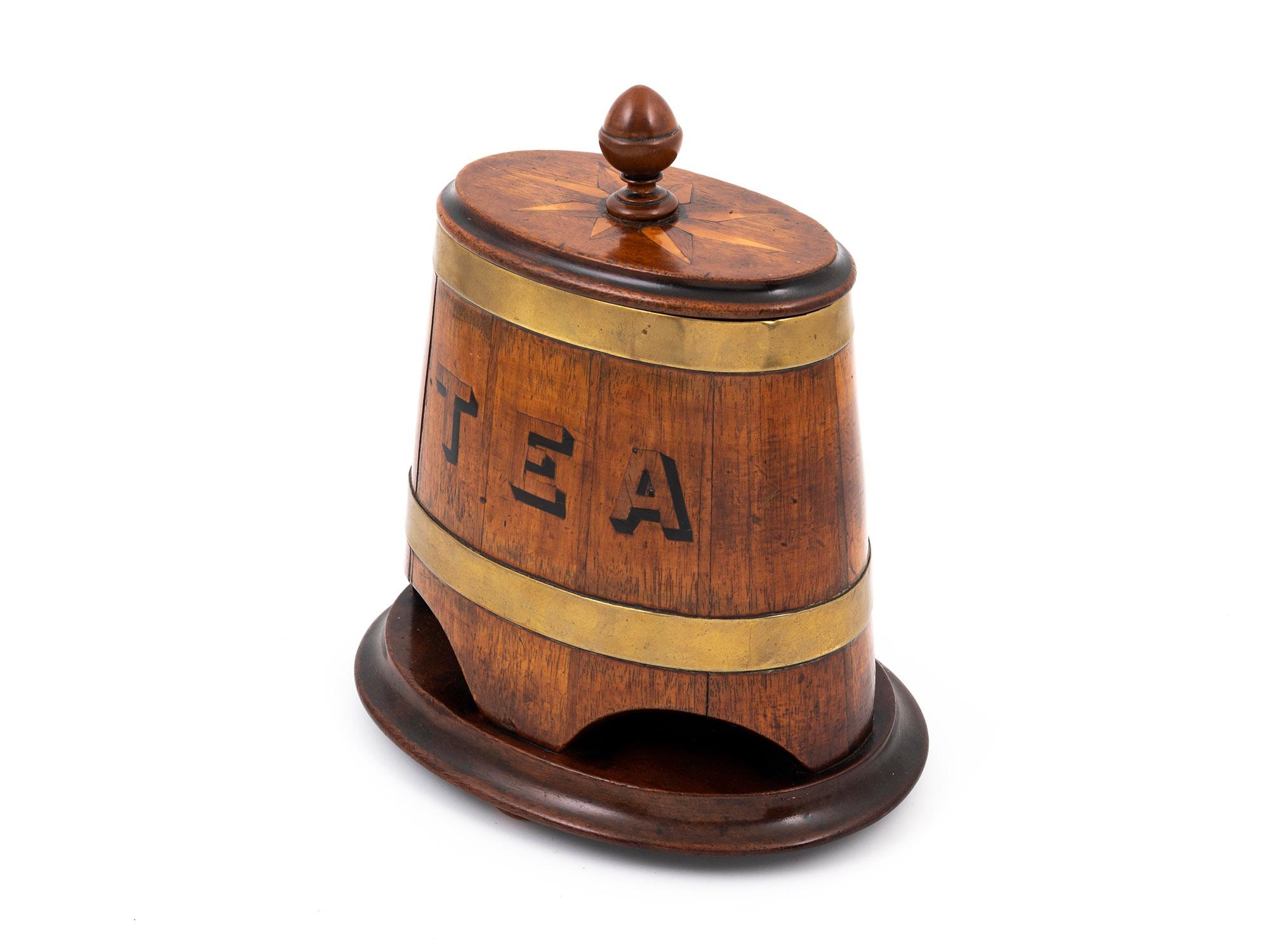 Hand-Carved Coopered Barrel Advertising Tea Caddy For Sale