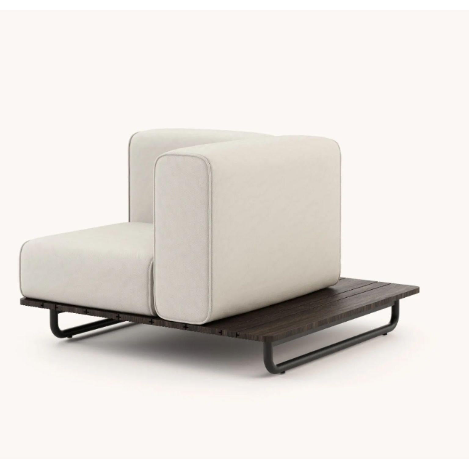 Copacabana armchair left by Domkapa
Materials: black texturized steel, bamboo wood, fabric (Rhine Ice).
Dimensions: W 105 x D 105 x H 75 cm.
Also available in different materials. 

The steel structure won’t oxidize, colors are treated to