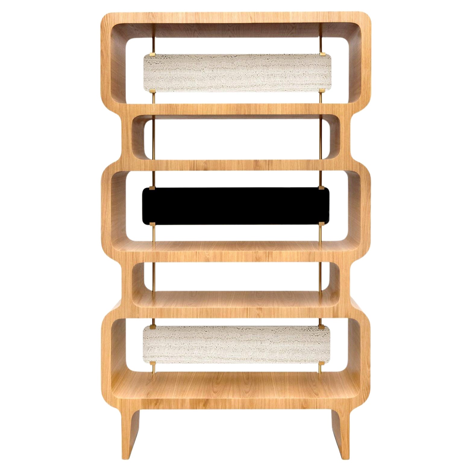 Copacabana Bookcase, Natural Oak and Travertine Details, Handcrafted by Duistt For Sale