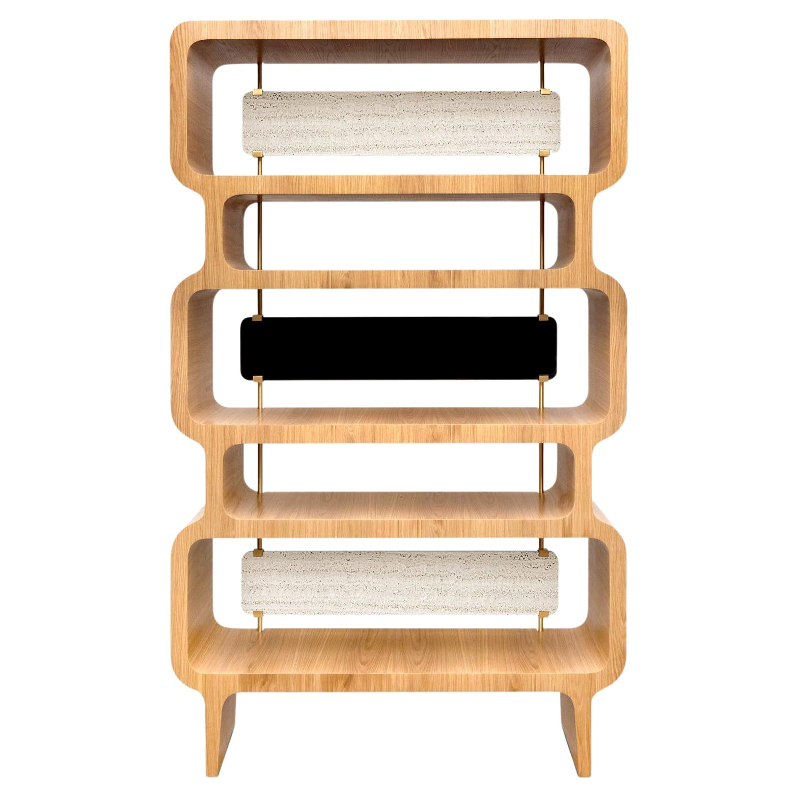 Libreria Copacabana, Oak naturale e dettagli in travertino, realizzata a mano da Duistt in vendita