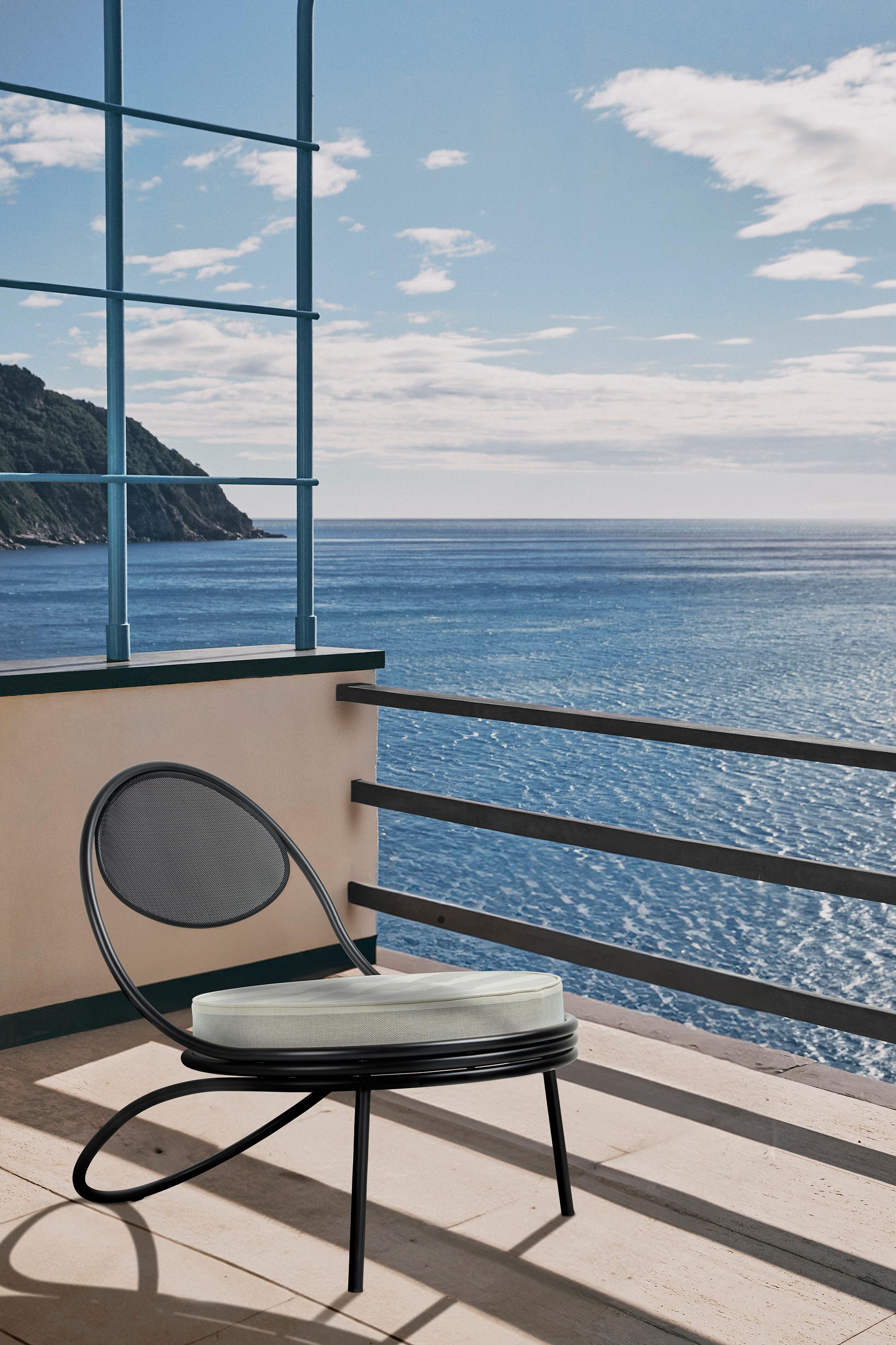 Steel 'Copacabana' Indoor Outdoor Lounge Chair by Mathieu Matégot in Lorkey Fabric For Sale