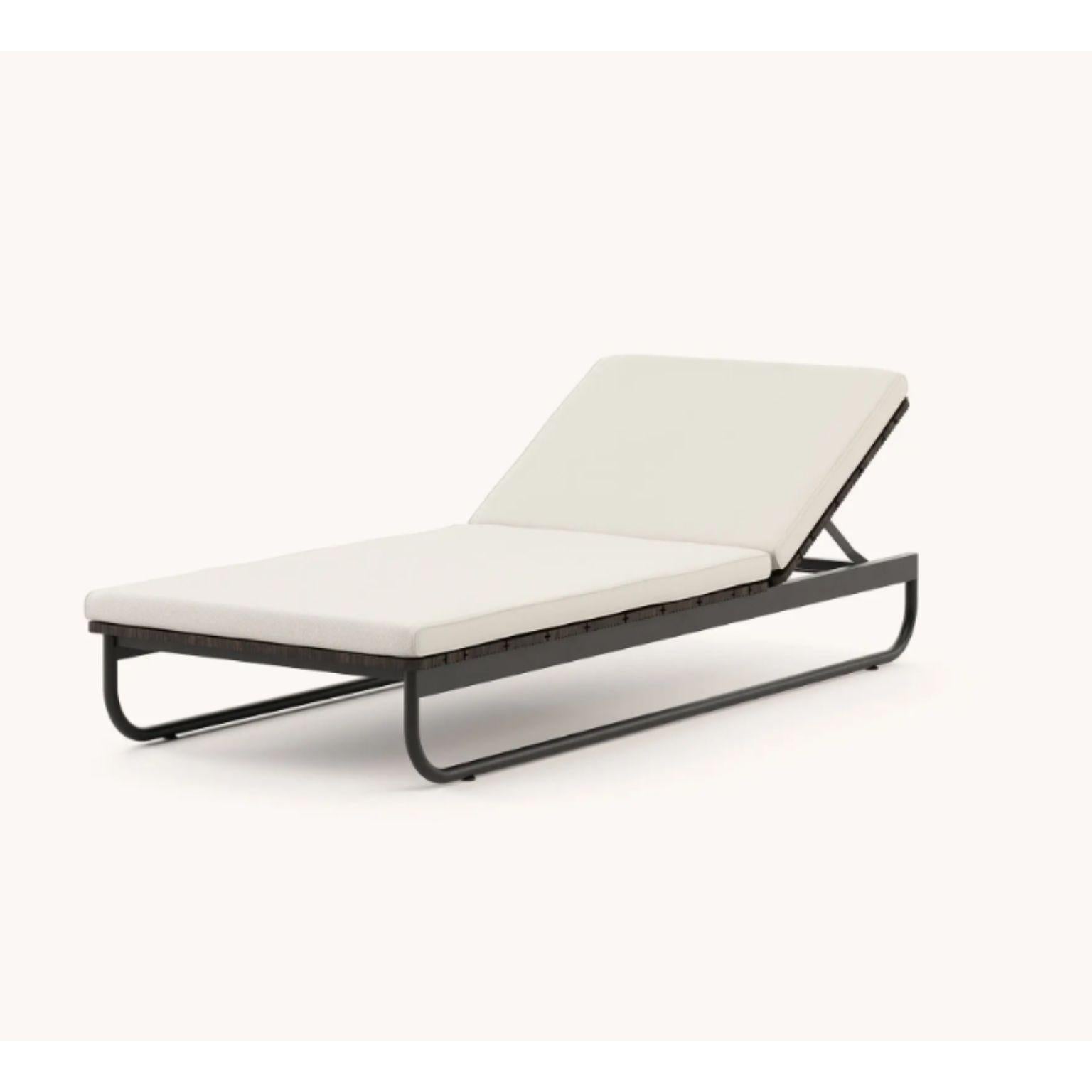 Copacabana Lounger by Domkapa
Materials: black texturized stainless steel, bamboo wood, fabric (Rhine Ice).
Dimensions: W 203 x D 85 x H 33.5 cm.
Also available in different materials. 

Your garden will provide you moments of comfort for its
