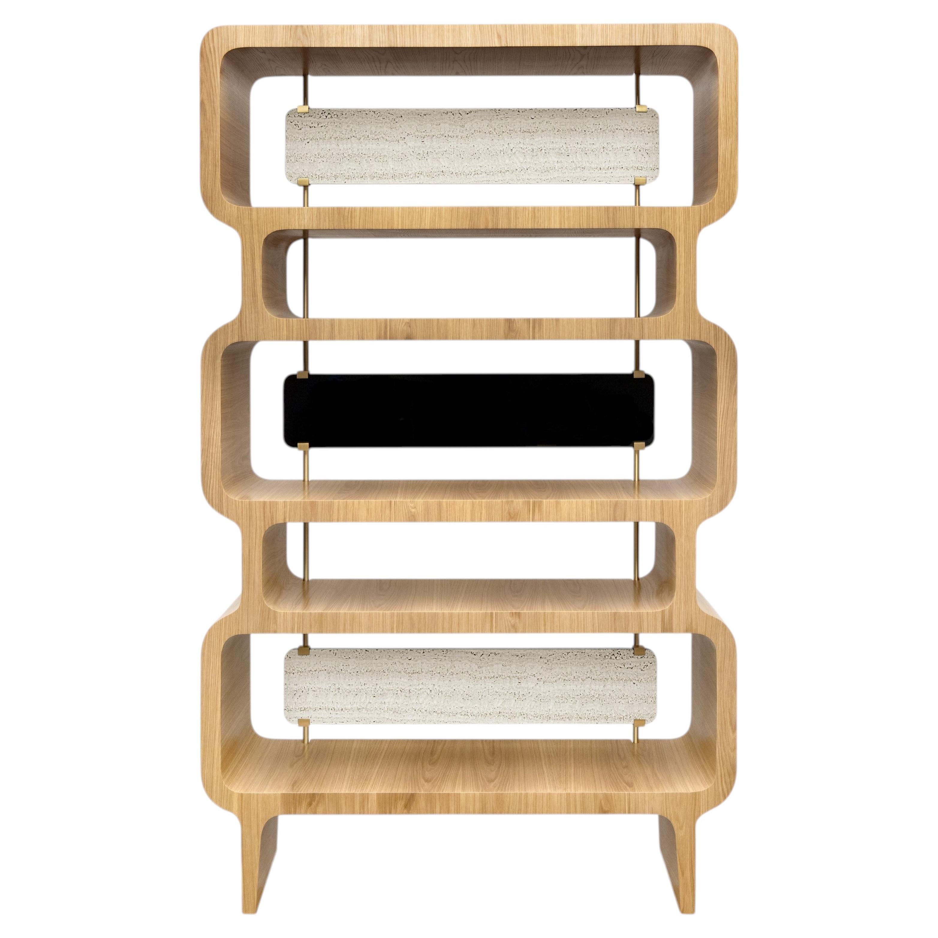 Copacabana natural oak and travertine open bookcase with brass details by Duistt For Sale