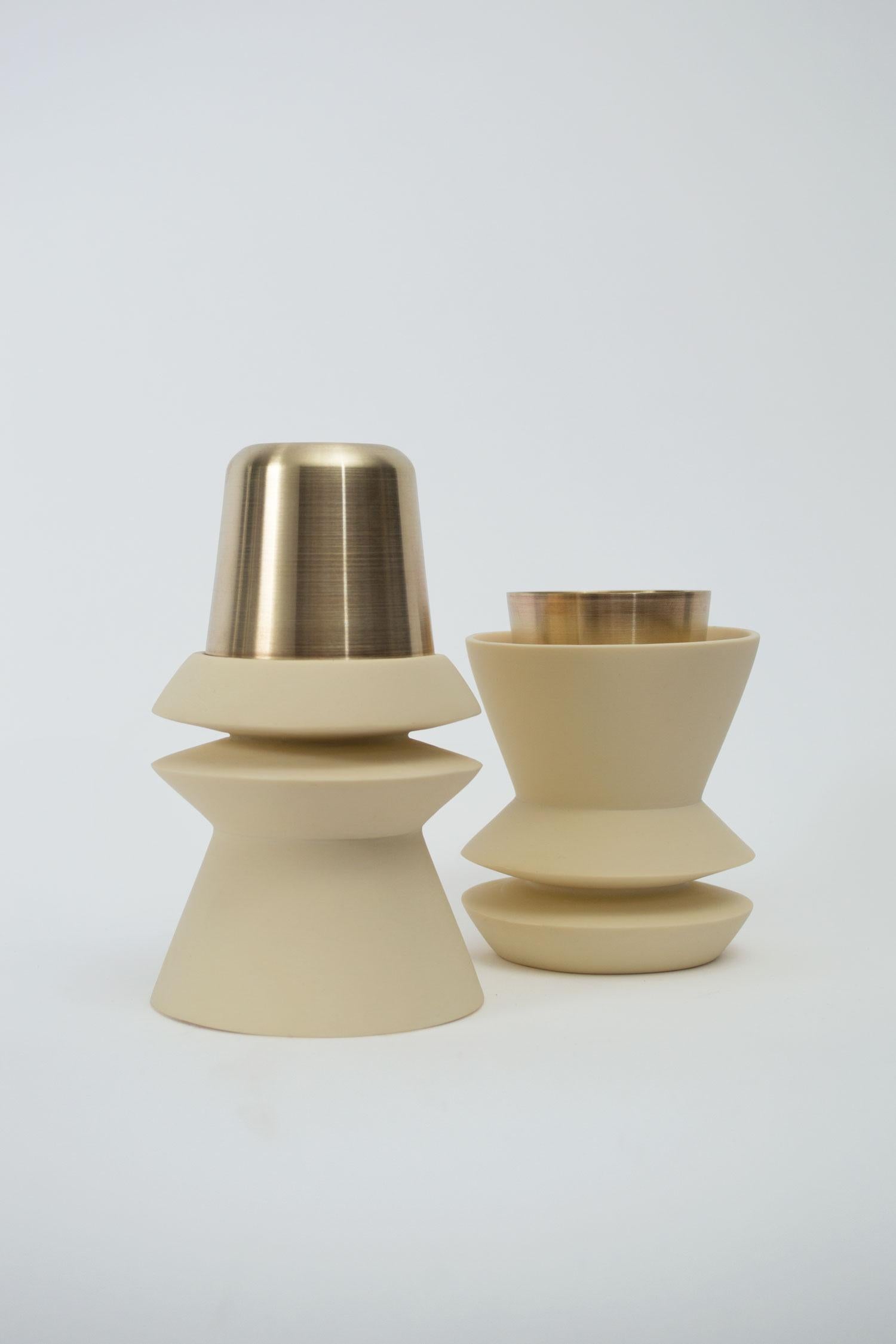 Part of ACOOCOORO’s Ceremonia special series, Copaleras (incense burners) create a play between their soft appearance, their ceremonial function and their ambiguous materiality, moulded in resin and turned brass. They suggest the presence of magical