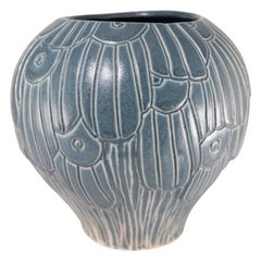 Copan Hand Carved Midnight Blue Porcelain Art Pottery Vase