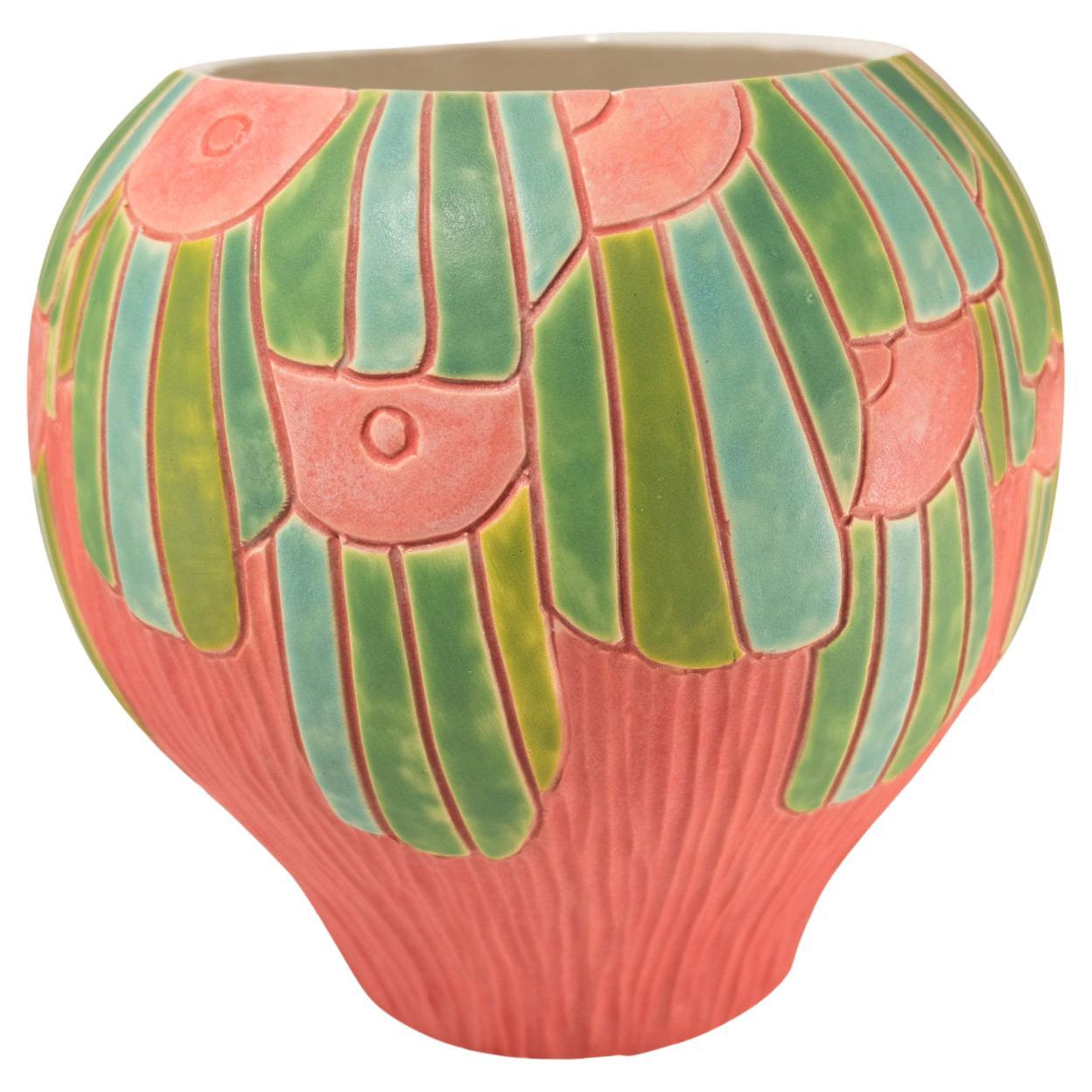 Copan Hand Carved Multicolor Porcelain Art Pottery Vase For Sale