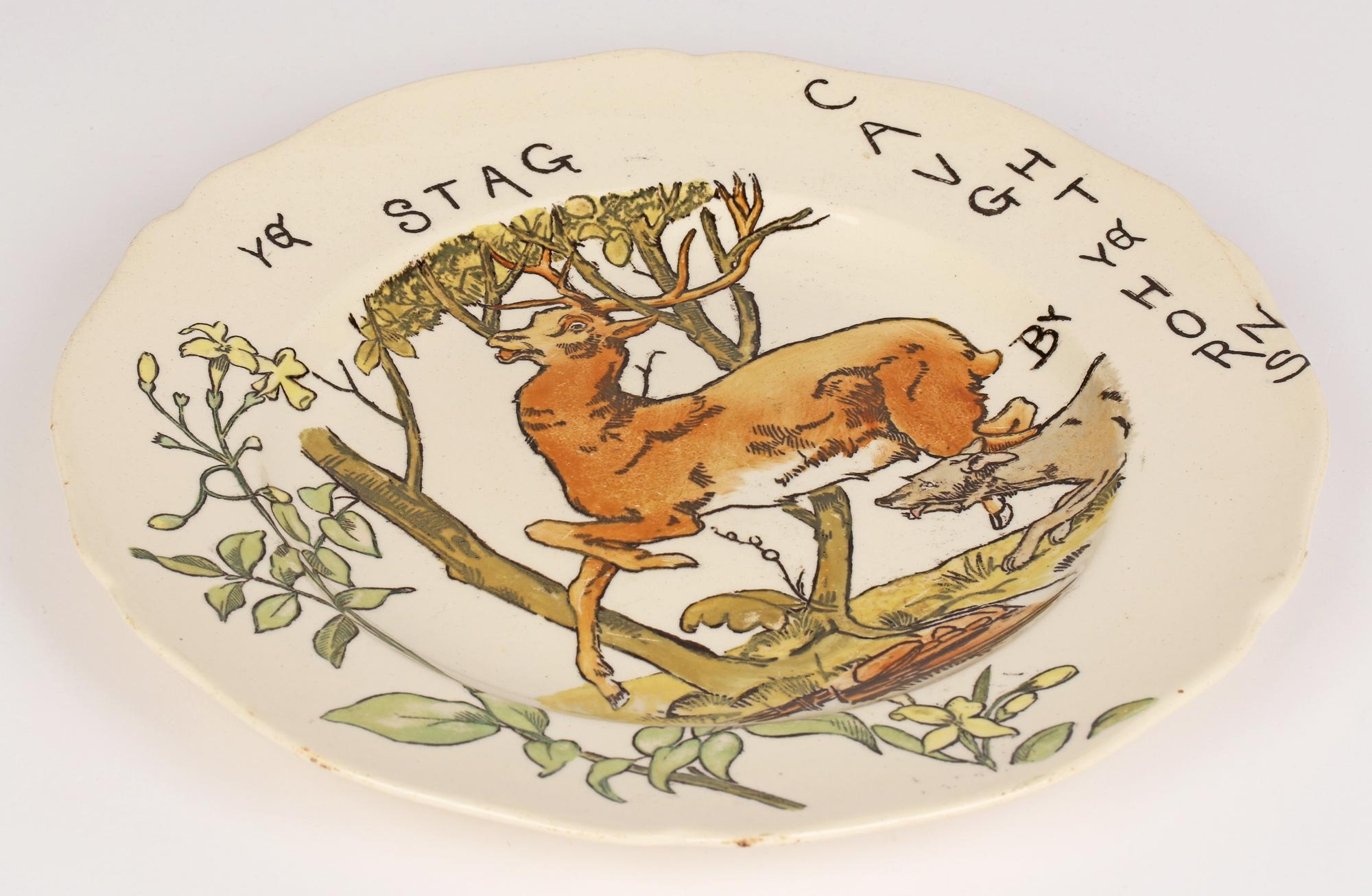 Placa de escena de caza del ciervo Copeland Aesthetic Movement, 1879 Glaseado en venta