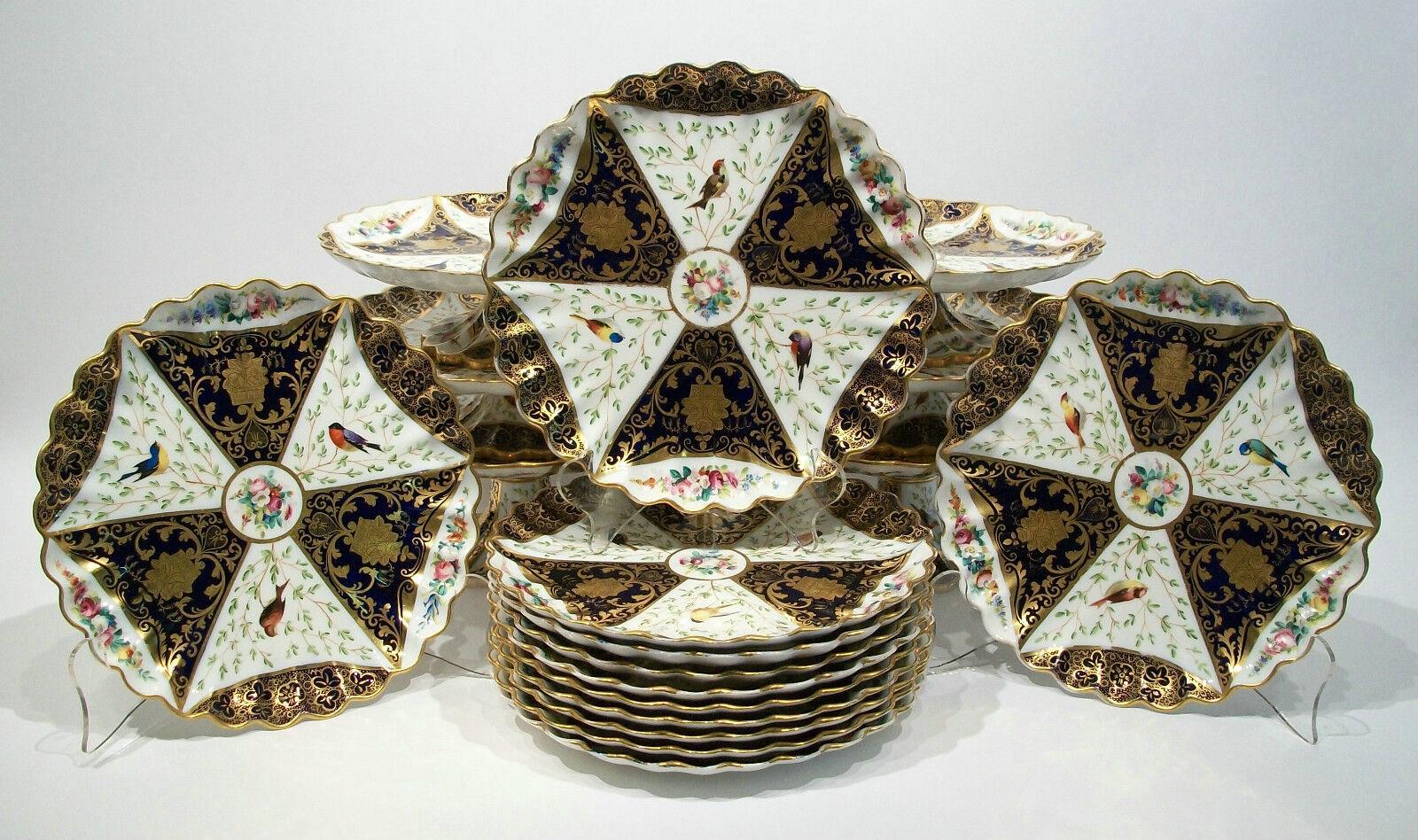 Aesthetic Movement COPELAND, Antique Gilt Porcelain Ornithological Dessert Service, Circa 1851-95 For Sale