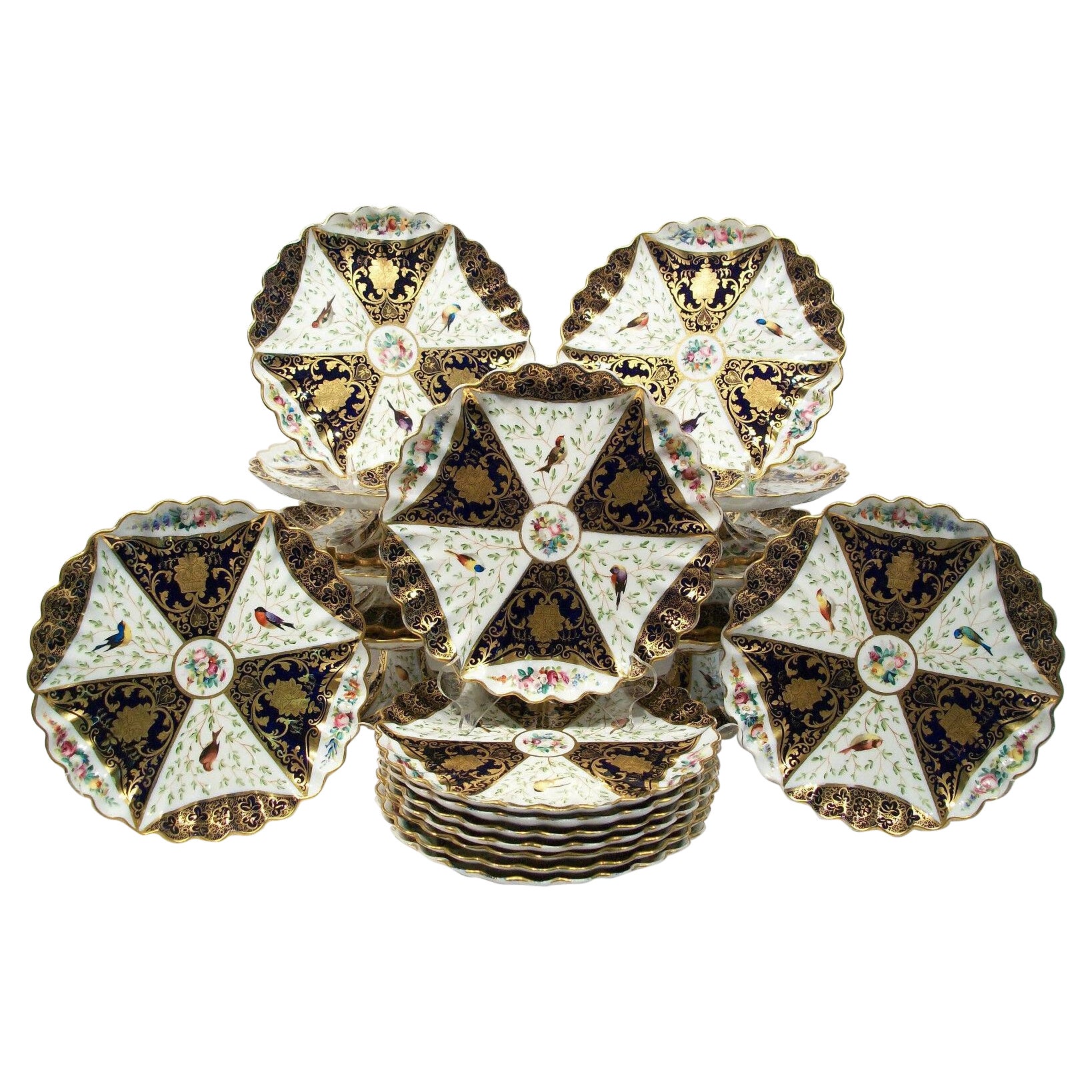 COPELAND, Antique Gilt Porcelain Ornithological Dessert Service, Circa 1851-95