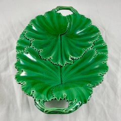 Copeland English Majolica Green Glazed Oval Overlapping Leaf Handled Platter