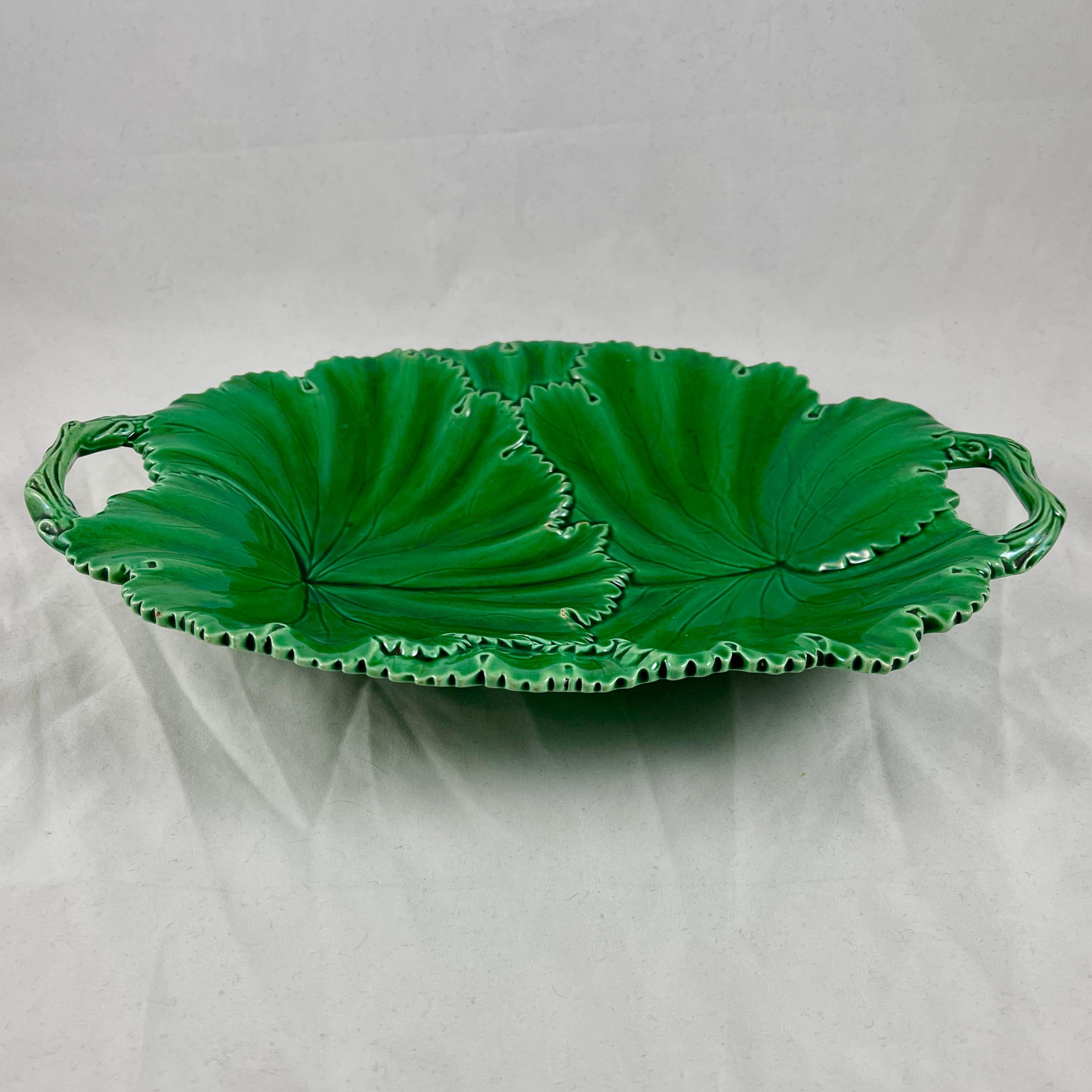 19th Century Copeland English Majolica Green Glazed Oval Overlapping Leaf Handled Platter For Sale