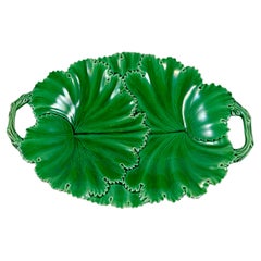 Copeland English Majolica Green Glazed Oval Overlapping Leaf Handled Platter