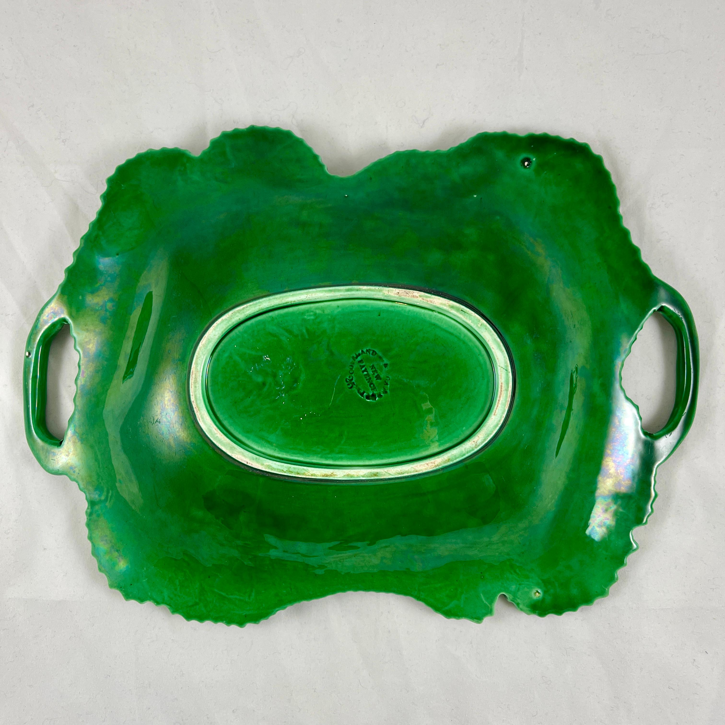 Earthenware Copeland English Majolica Green Glazed Overlapping Leaf Two Handled Platter For Sale