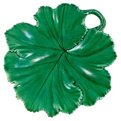 Antique Copeland English Majolica Green Glazed Round Overlapping Leaf Handled Platter