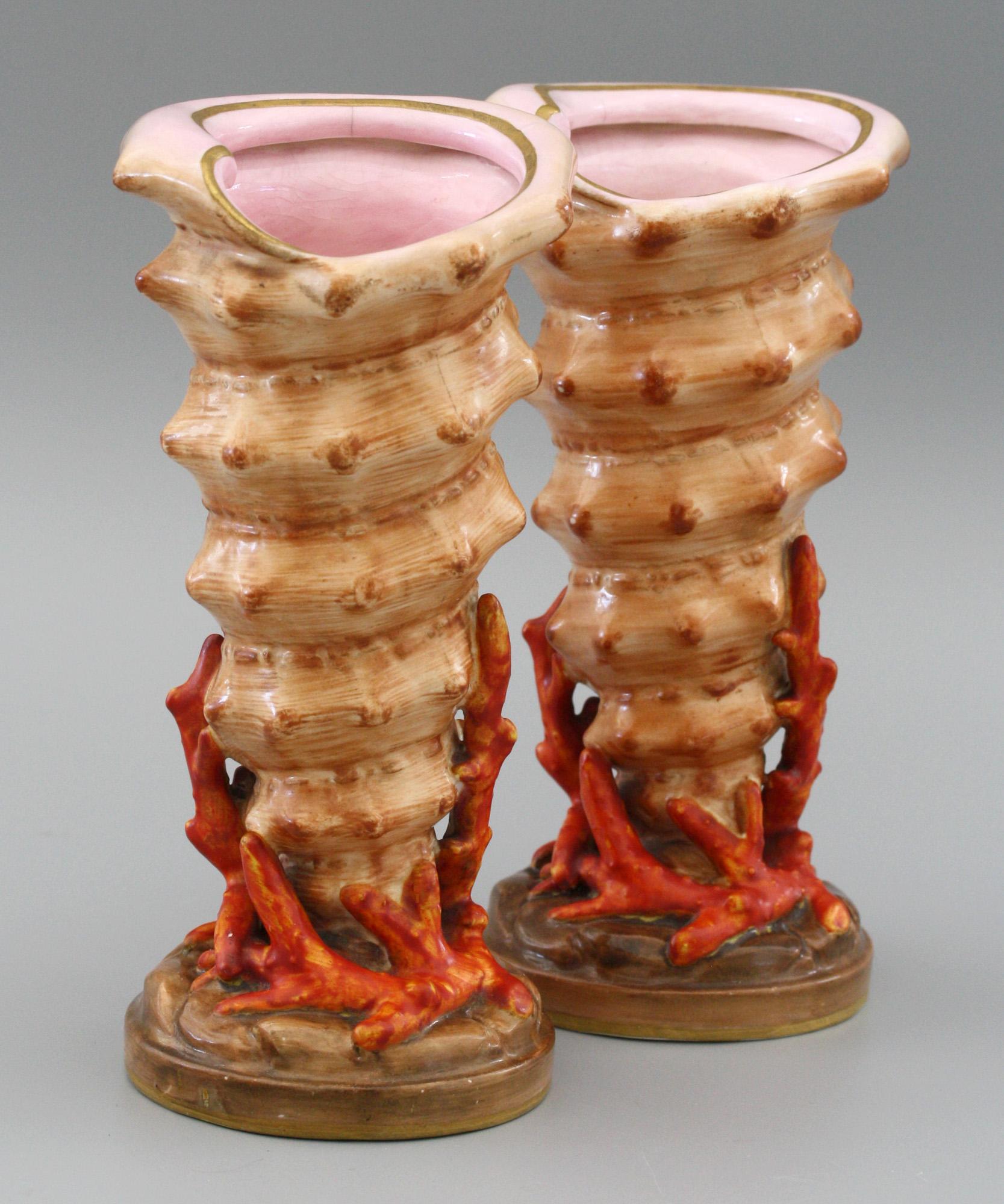 Aesthetic Movement Copeland English Pair of Shell and Coral Porcelain Vases, circa 1870