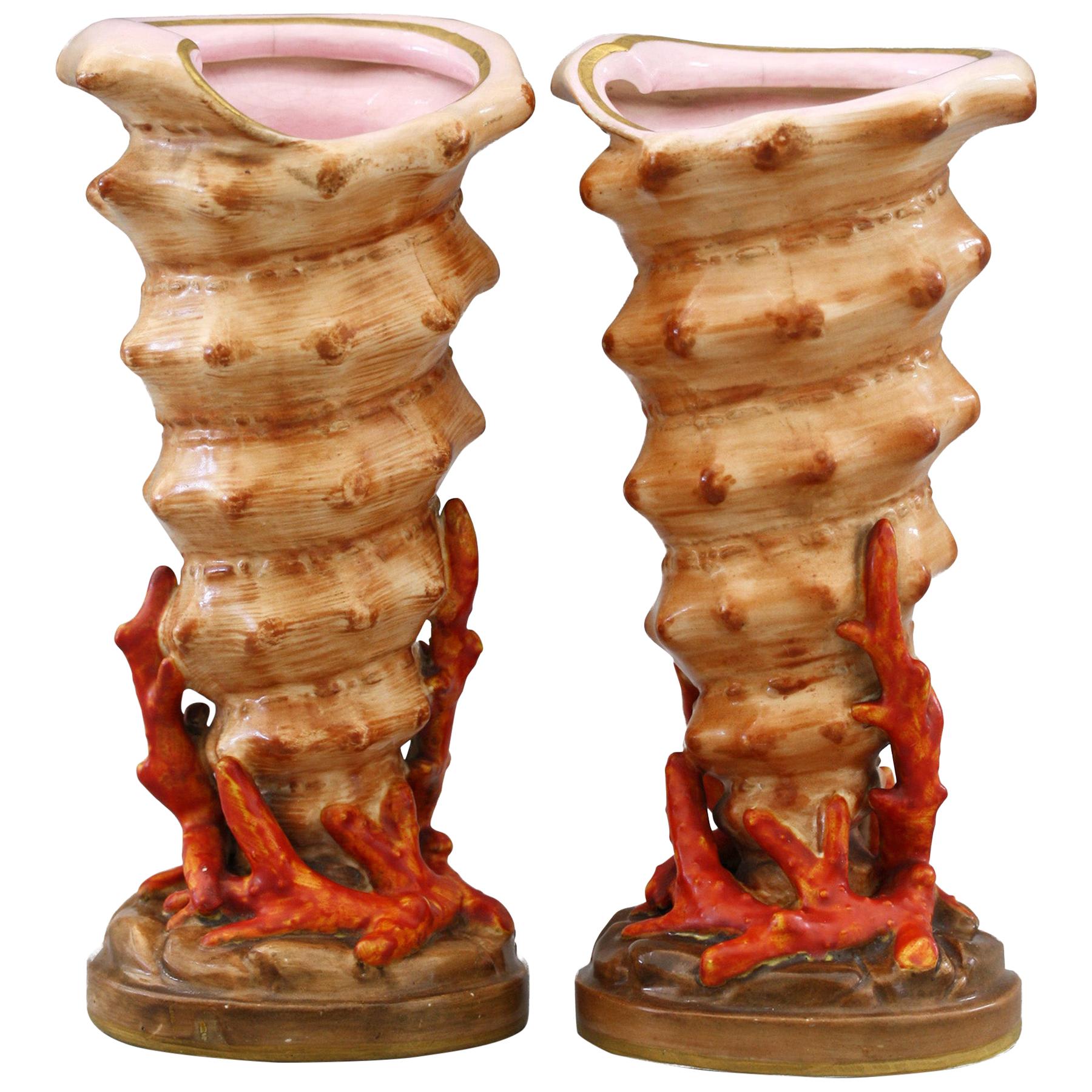 Copeland English Pair of Shell and Coral Porcelain Vases, circa 1870