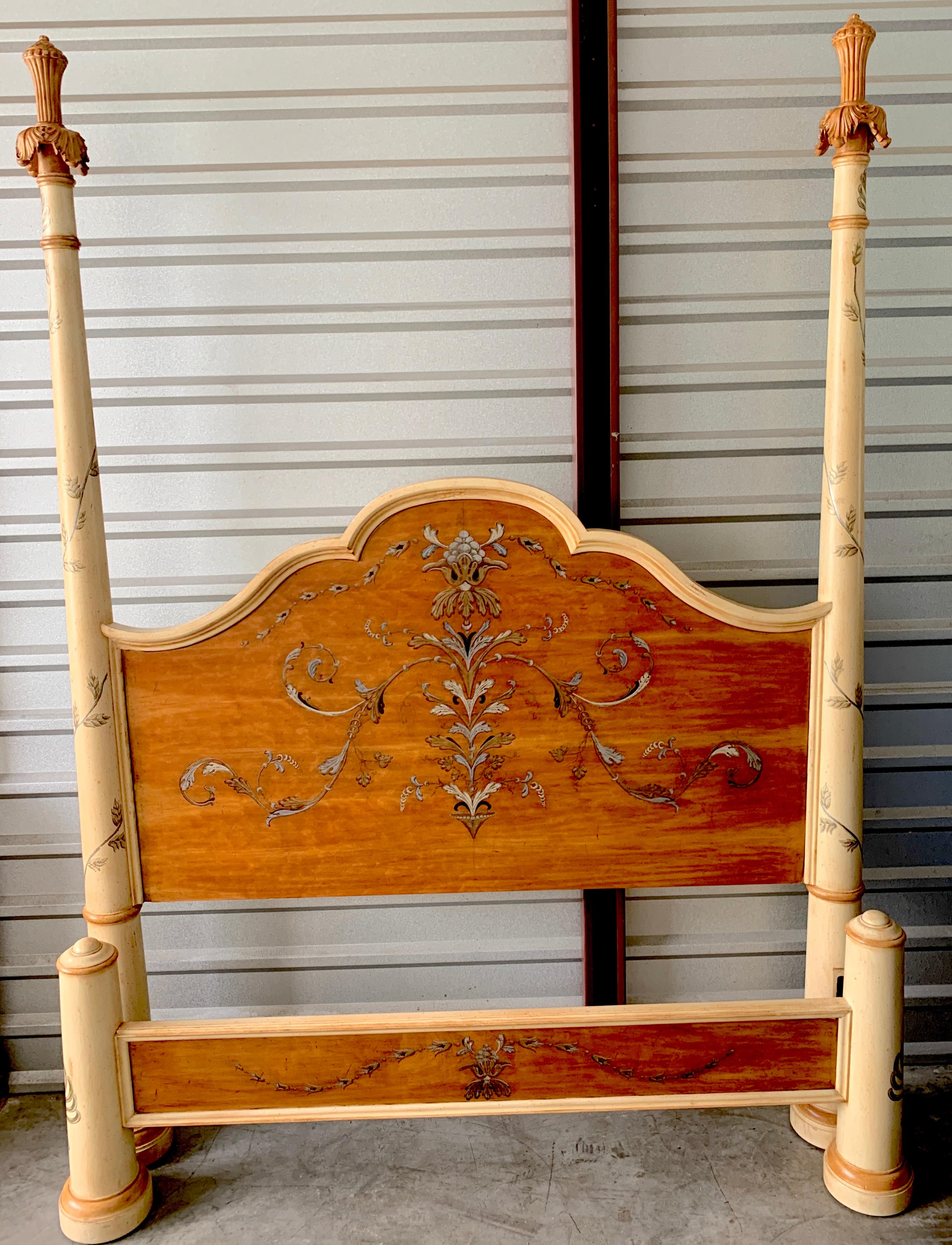 Copeland Ferguson Venetian painted queen bed, estate of Celine Dion
Nicer than most, with twin tall posts at the headboard and lower footboard, complete with side rails.
Measures: 93