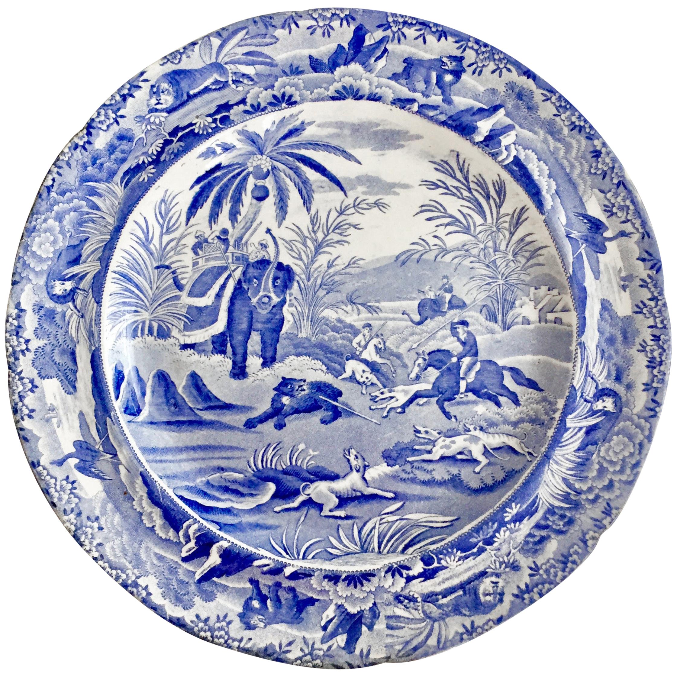 Copeland & Garrett Pearlware Plate, Blue & White "Death Of The Bear", 1833-1847