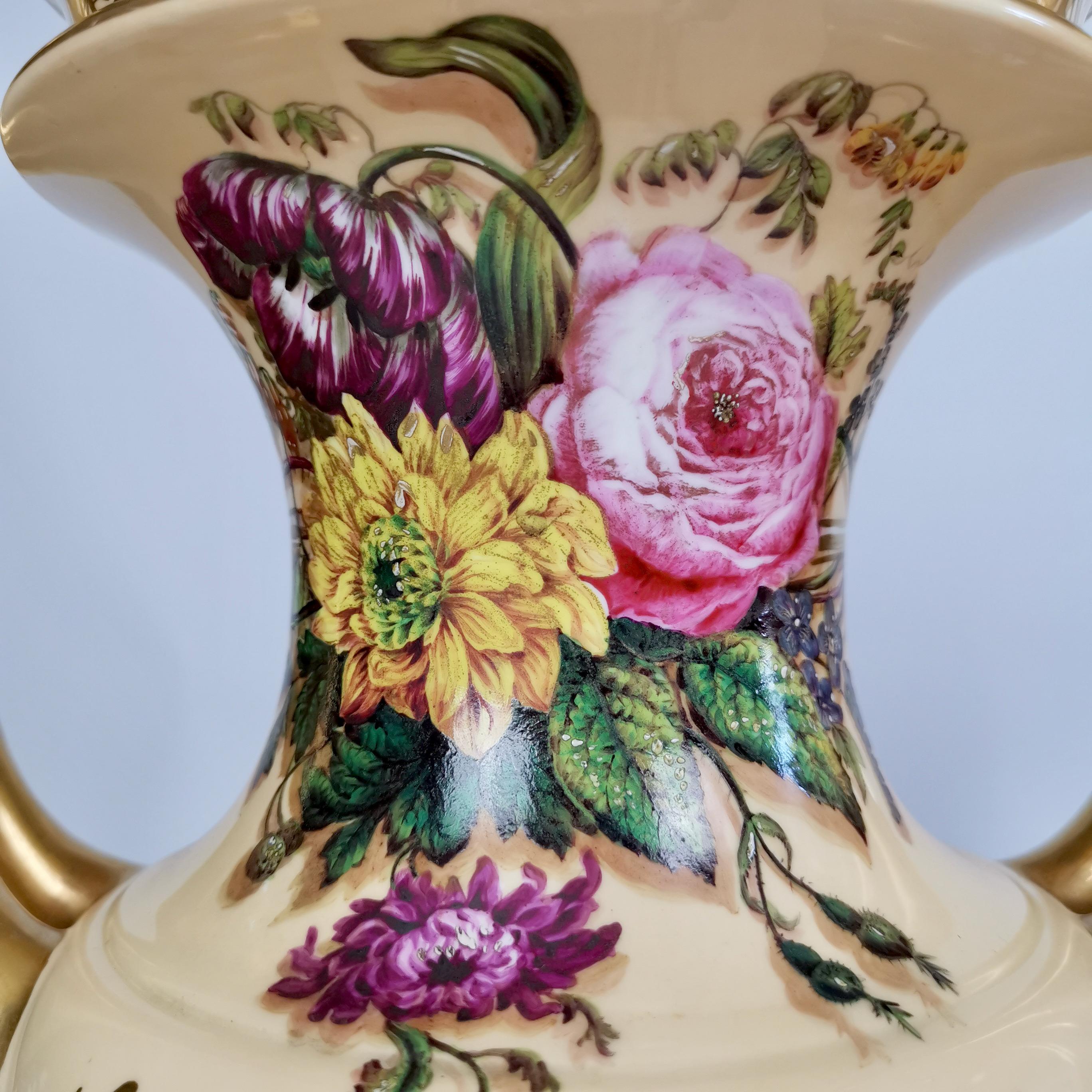 Hand-Painted Copeland & Garrett Porcelain Vases, Flowers and Fruits, Rococo Revival 1833-1847