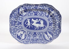 Copeland & Garrett Pottery Grand plat bleu à motif grec néoclassique