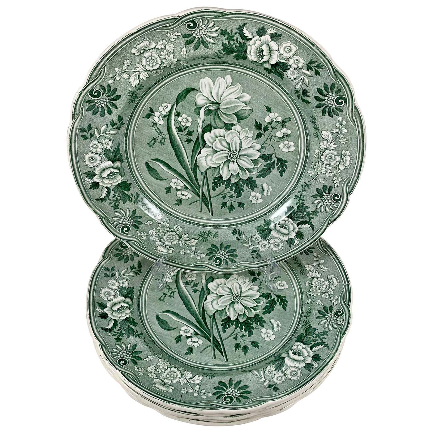 Copeland Garrett Spode Green Jonquil Botanical Transferware Dinner ...