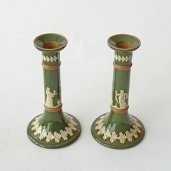 Copeland Late Spode Green Jasperware Pair of Candlesticks, England ca. 1891