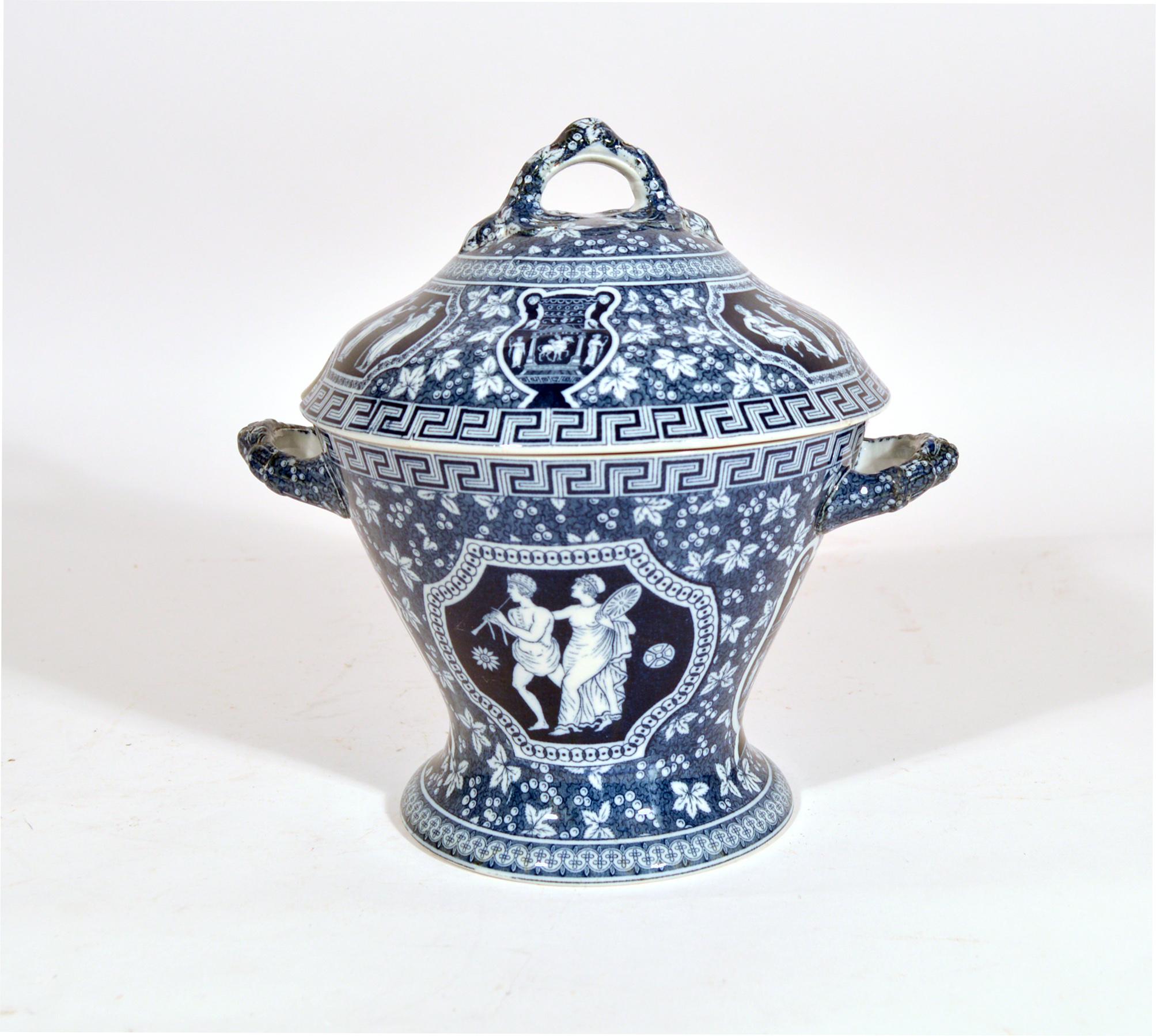 Copeland-Late Spode Neo-classical greek pattern blue circular tureen and cover,
1902

The Spode pottery covered footed tureen of circular form with the underglaze blue Greek pattern with urns and shaped panels with neo-classical figures. The