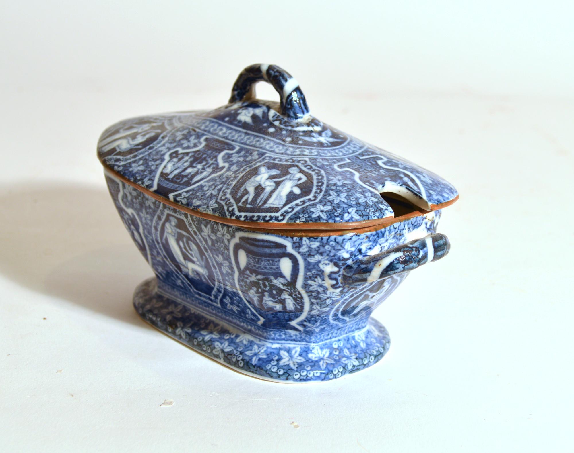 Copeland-Late Spode Neo-Classical Greek Pattern Blue Sauce Tureen & Cover,
circa 1847.

From a large collection of Greek Pattern Objects- please inquire about other pieces- plates, soups, tureens, dishes, etc.

The Spode pottery sauce tureen &
