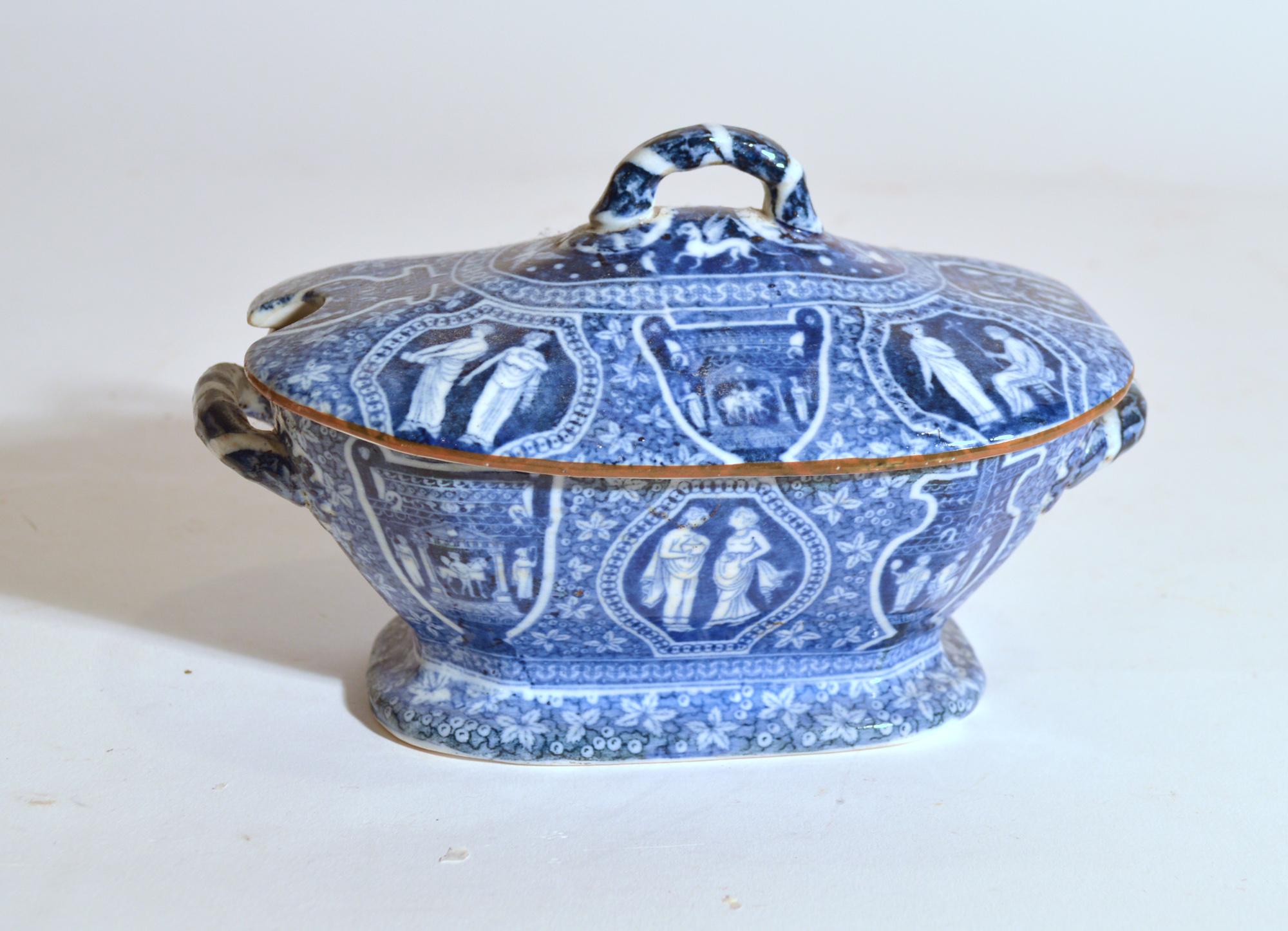 Neoclassical Copeland Neo-classical Greek Pattern Blue Sauce Tureen & Cover For Sale