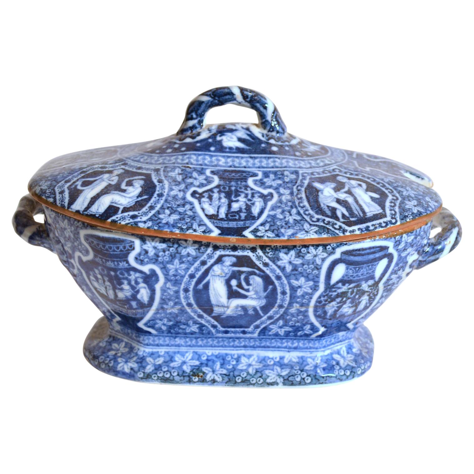 Copeland Neo-classical Greek Pattern Blue Sauce Tureen & Cover