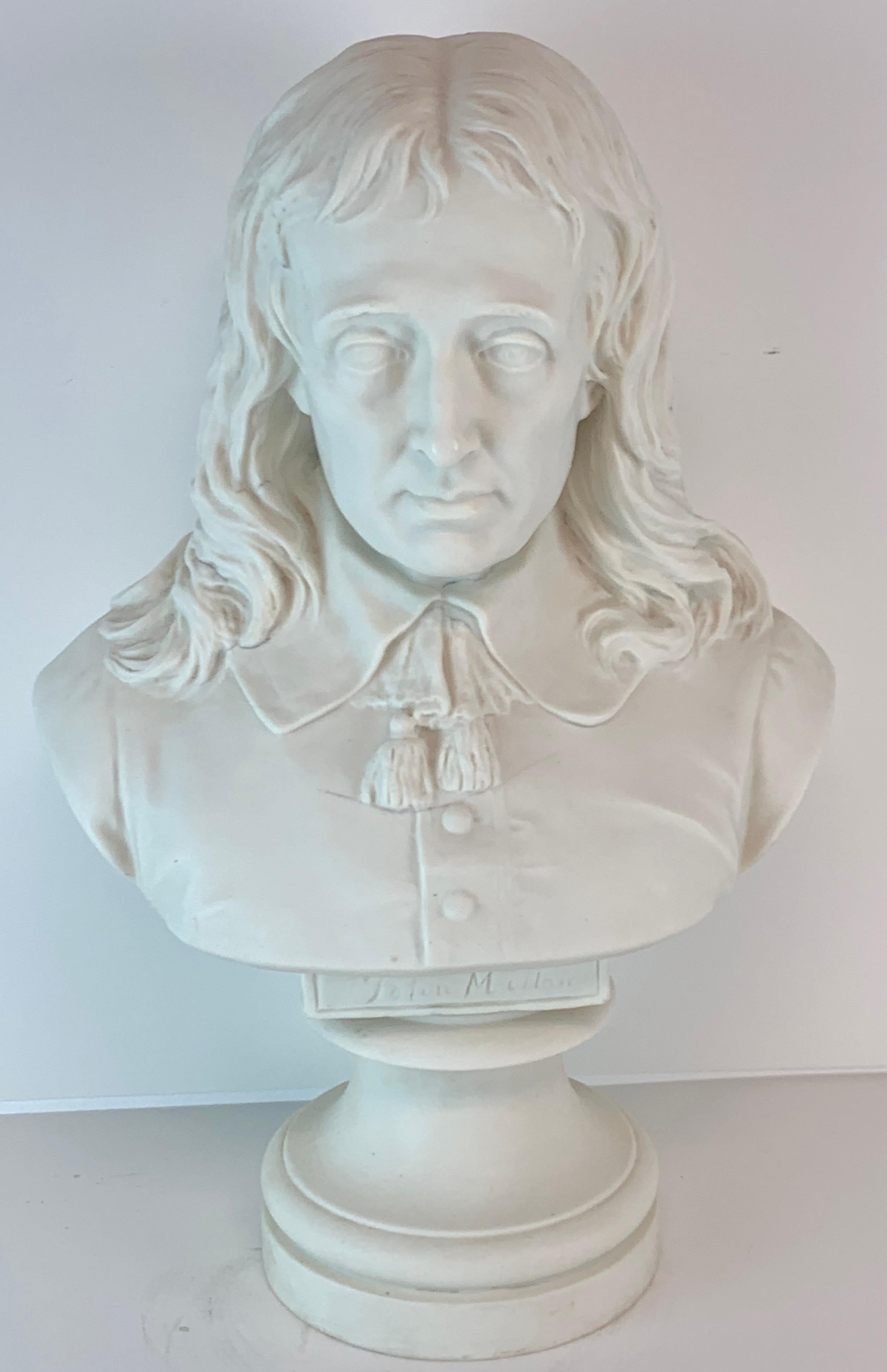 Copeland Parian Bust of John Milton, Made for the 1861 Crystal Palace Exhibition 
A rare Parian Library Bust of John Milton by Copeland, Made for the 1861 Crystal Palace Exhibition. 
John Milton (1608-1674) was an English poet, scholar and