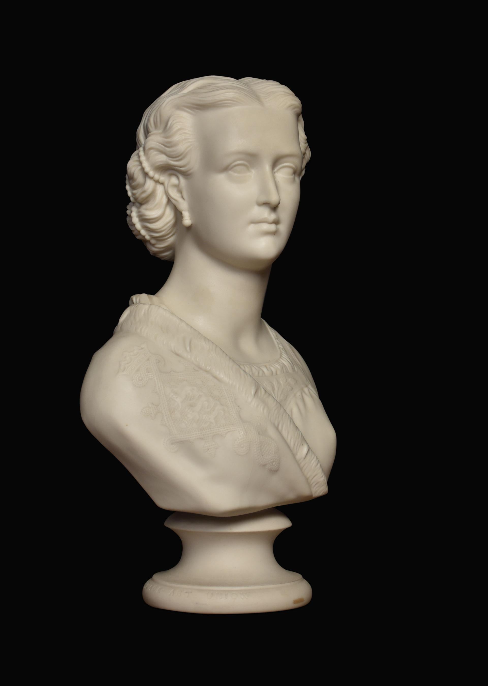 Copeland Parianware bust of a Royal Princess for Crystal Palace Art Union. Raised up on circular stepped base.
Dimensions
Height 11.5 inches
Width 7.5 inches
Depth 4.5 inches.