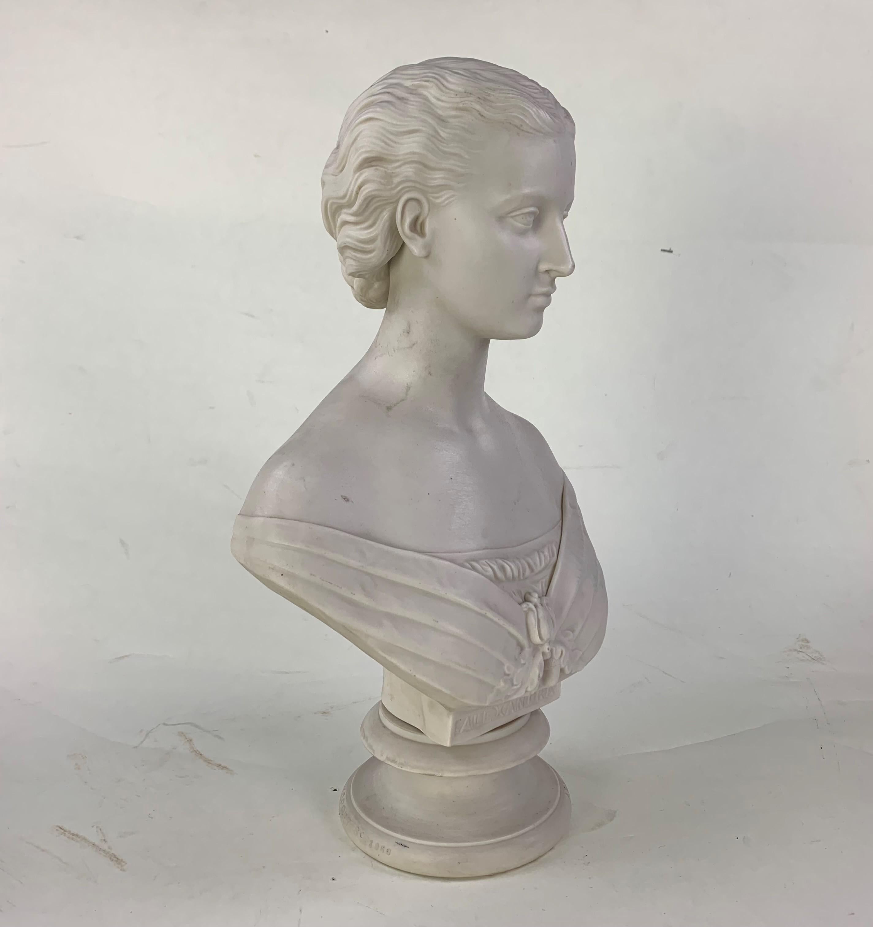 An elegant Parian ware bust scultured by Mary Thorneyccroft for the Art Unbion of London, dated 1863.
Impressed Marks: W T Copeland, Art Union of London Mary Thornycroft sc 1863.
No repairs or damage other than natural signs of age.
Thornycroft