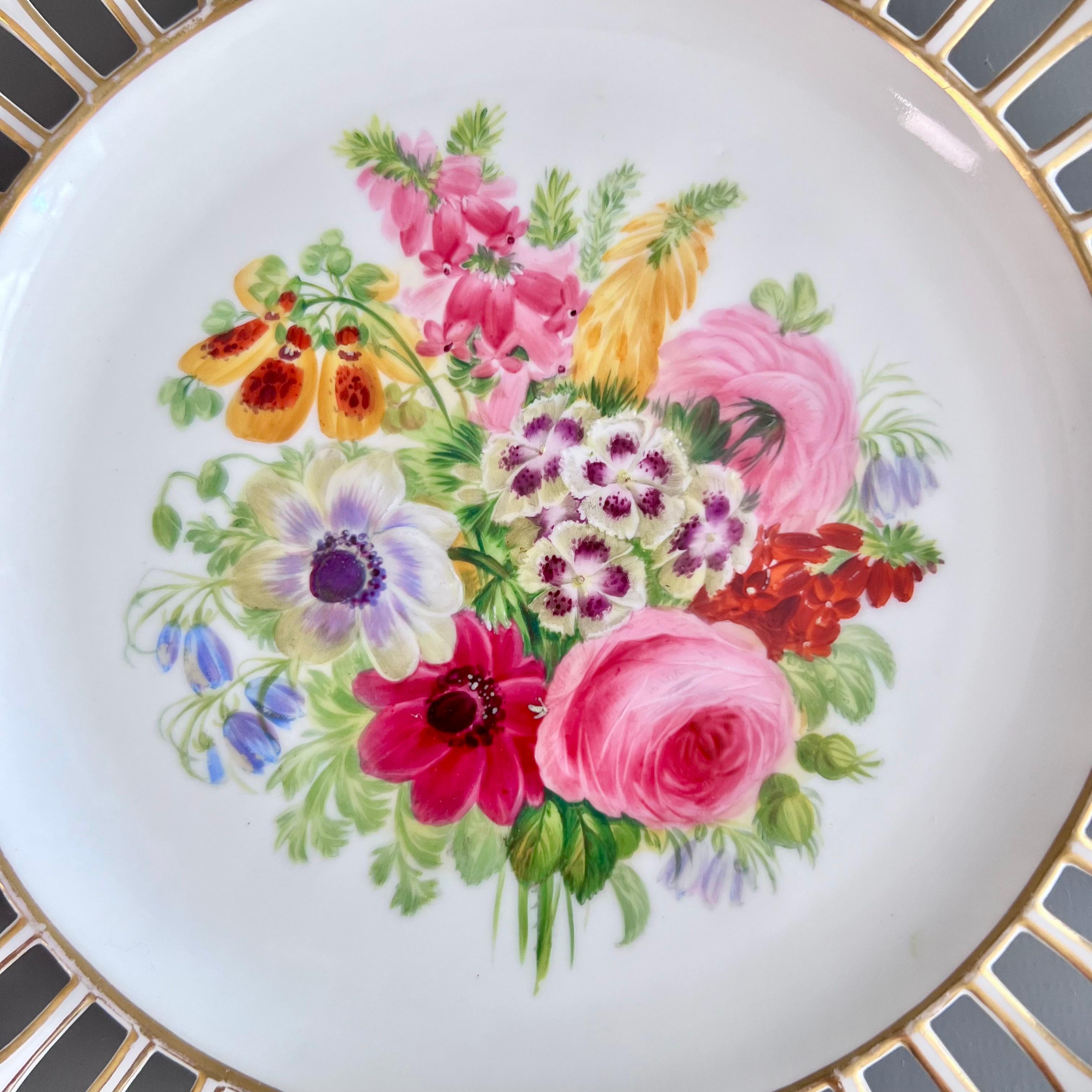 English Copeland Plate, Reticulated, Sublime Flowers by Greatbatch, 1848 (3) For Sale