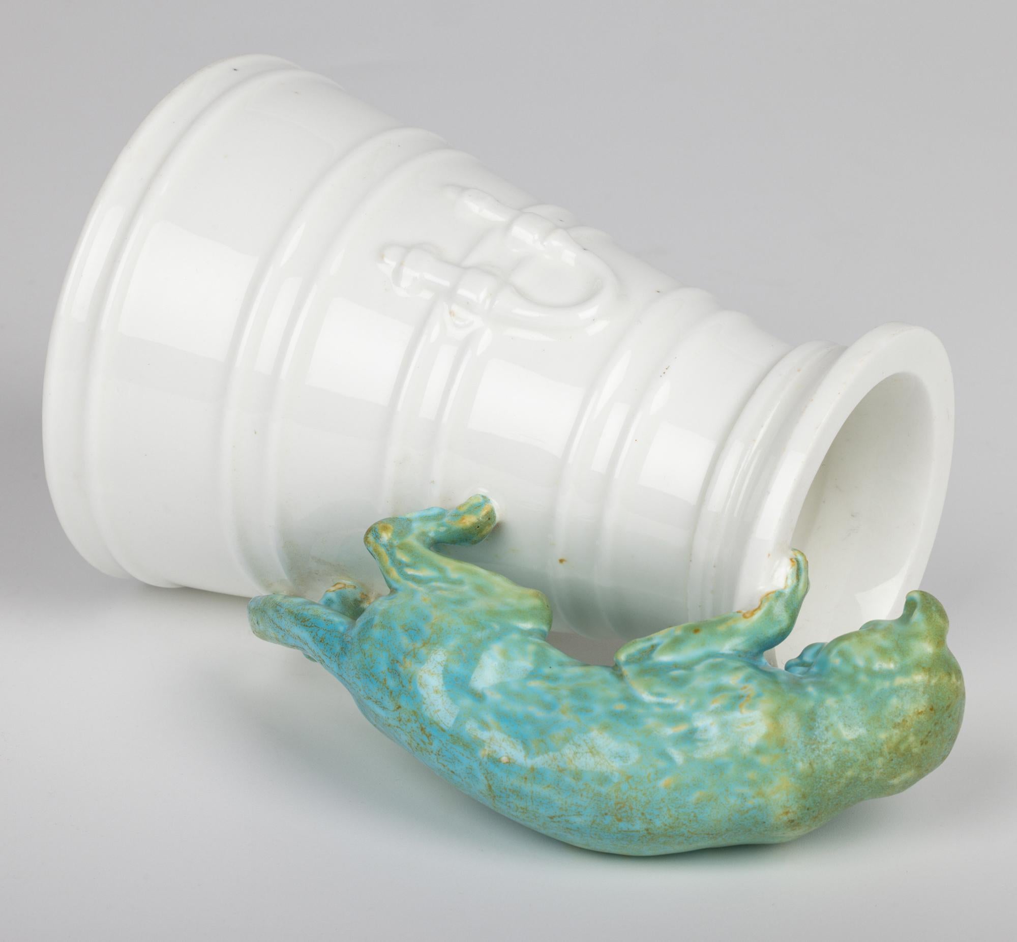 Glazed Copeland Porcelain Cat and Cream Churn Vase For Sale
