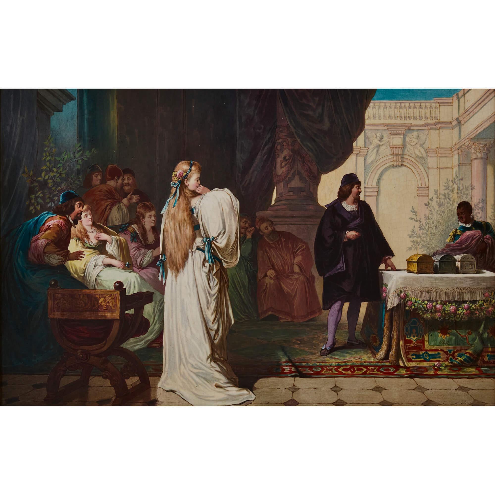 Targa in porcellana Copeland raffigurante la scena dello scrigno da Il mercante di Venezia
Inglese, fine del XIX secolo
Telaio: altezza 47,5 cm, larghezza 65,5 cm, profondità 5 cm
Targa: 34 cm, larghezza 52 cm, profondità 1,5 cm.

Eseguita