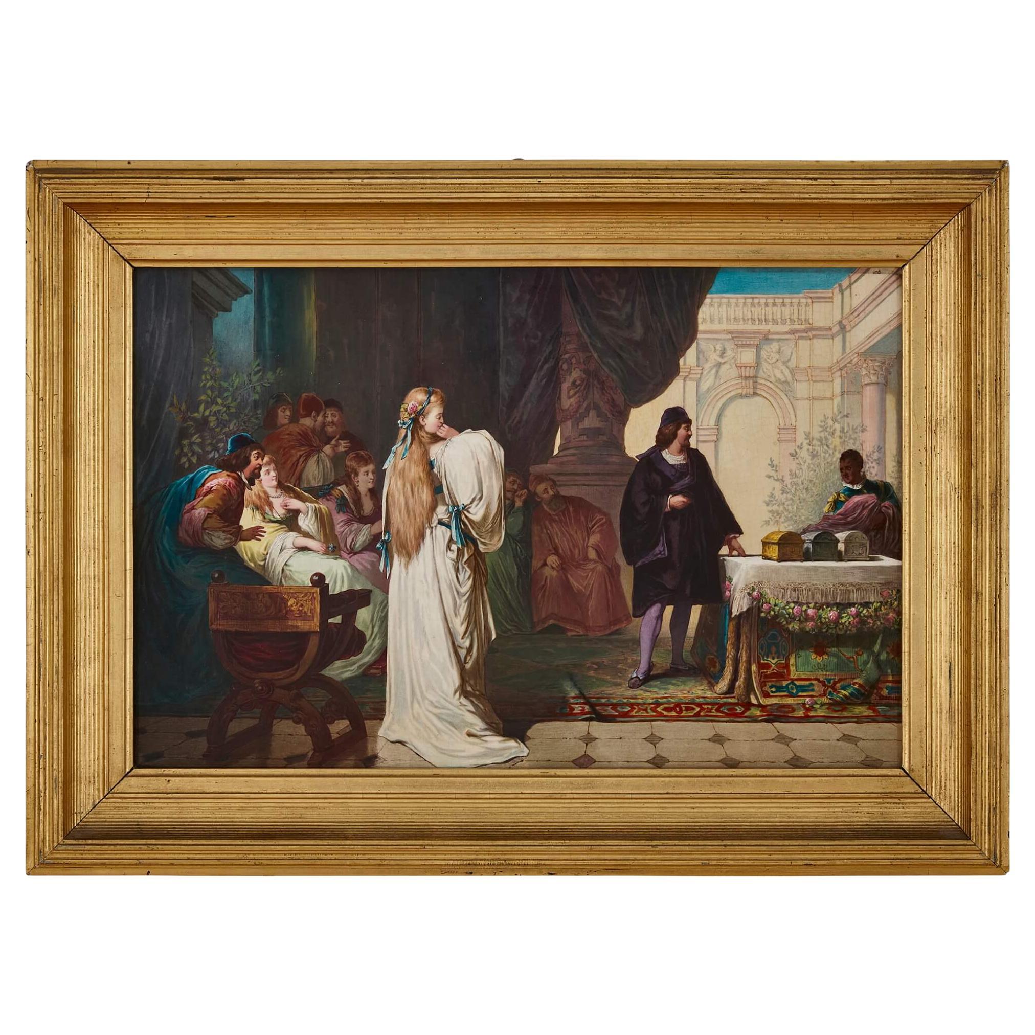 Copeland-Porzellanplakette mit der Darstellung der Schatulle-Szene des Kaufmanns von Venedig
