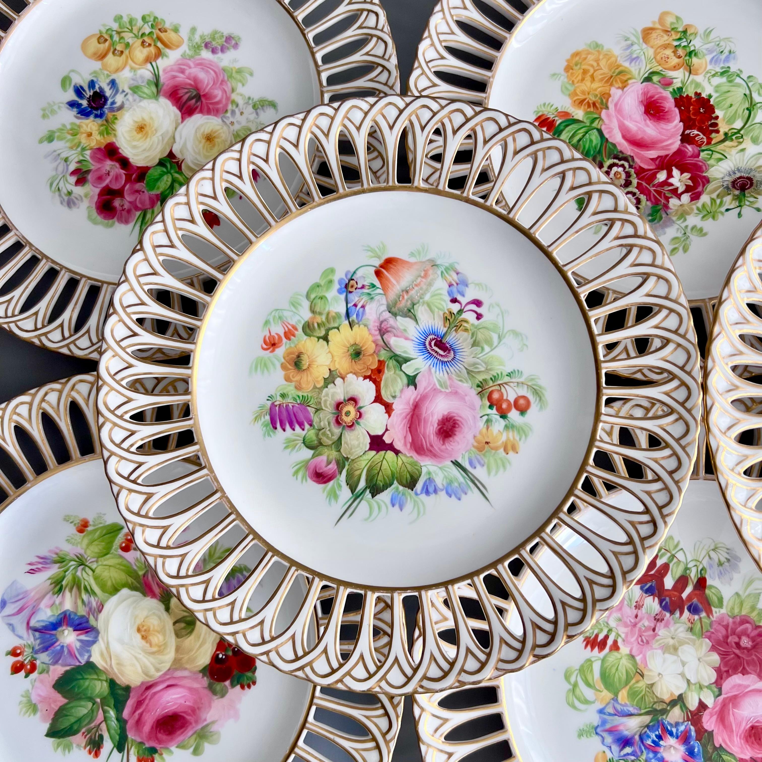 This is a stunning set of 8 reticulated plates made by Copeland in 1848. Each plate is decorated with a unique sublimely painted flower arrangement by the artist Greatbatch. 

We have a second set of 8 of these plates available, as well as a few
